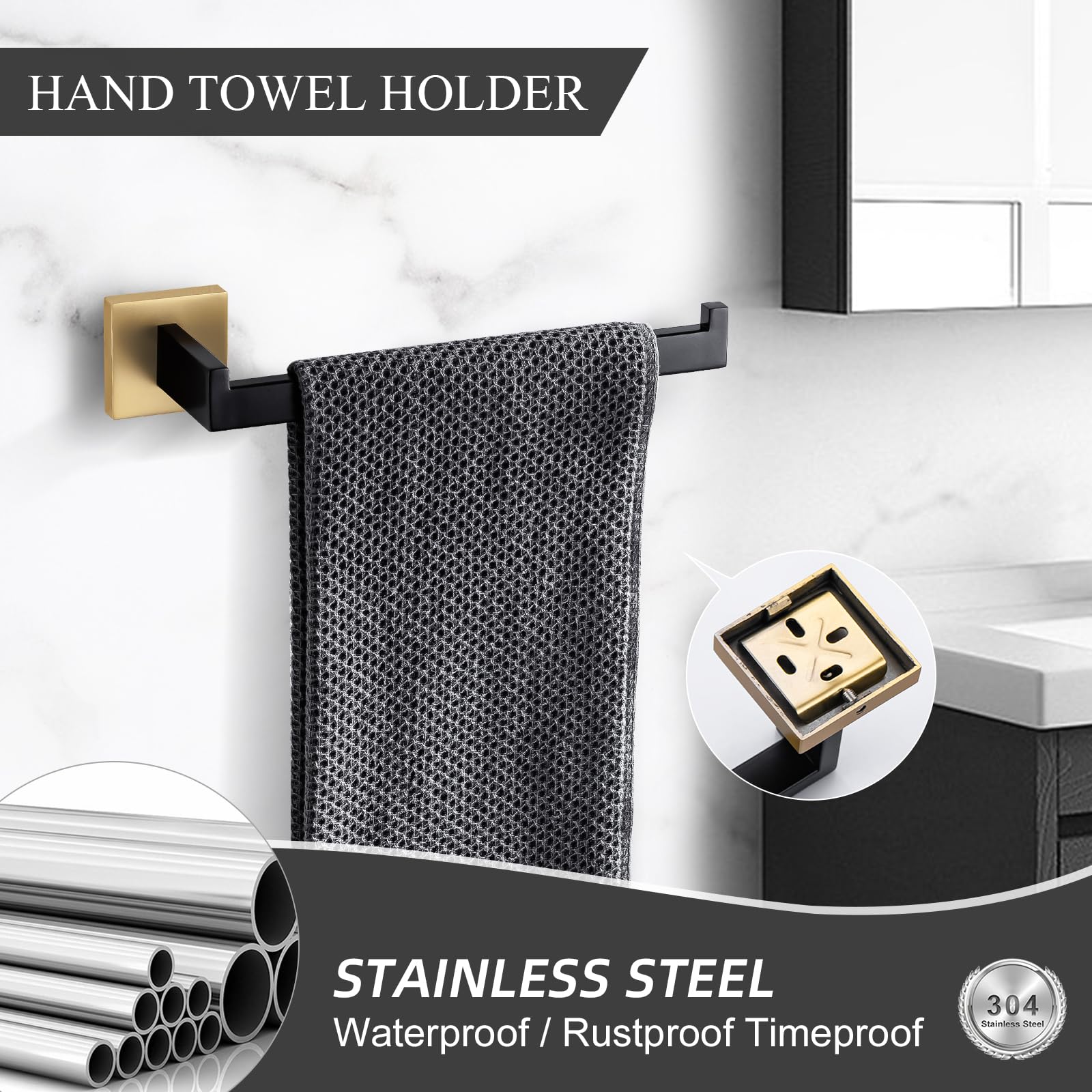 Turs 3-Piece Bathroom Hardware Set Black And Gold Hand Towel Holder Toilet Paper Holder Towel Hook Stainless Steel Towel Bar Set