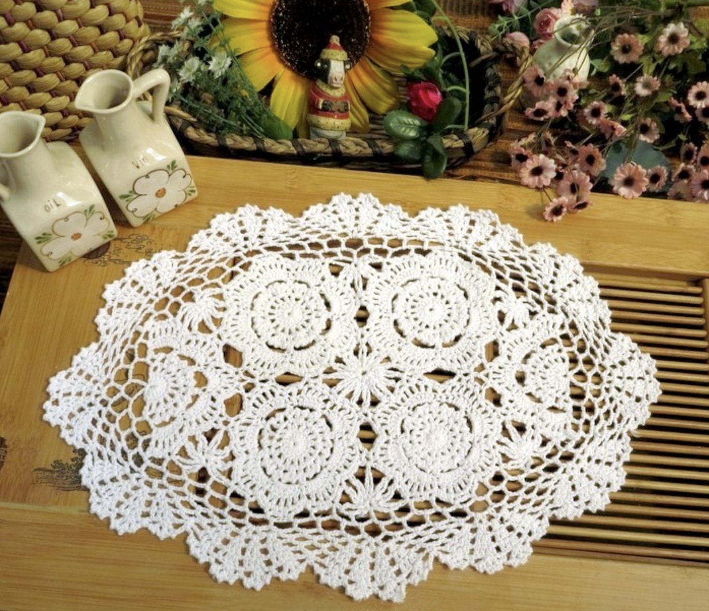 Phantomon Handmade Crochet Cotton Lace Placemats Doilies Cloth Crochet Coasters, Pack Of 4, Oval Shape, White, 12 X 17 Inch (Whi