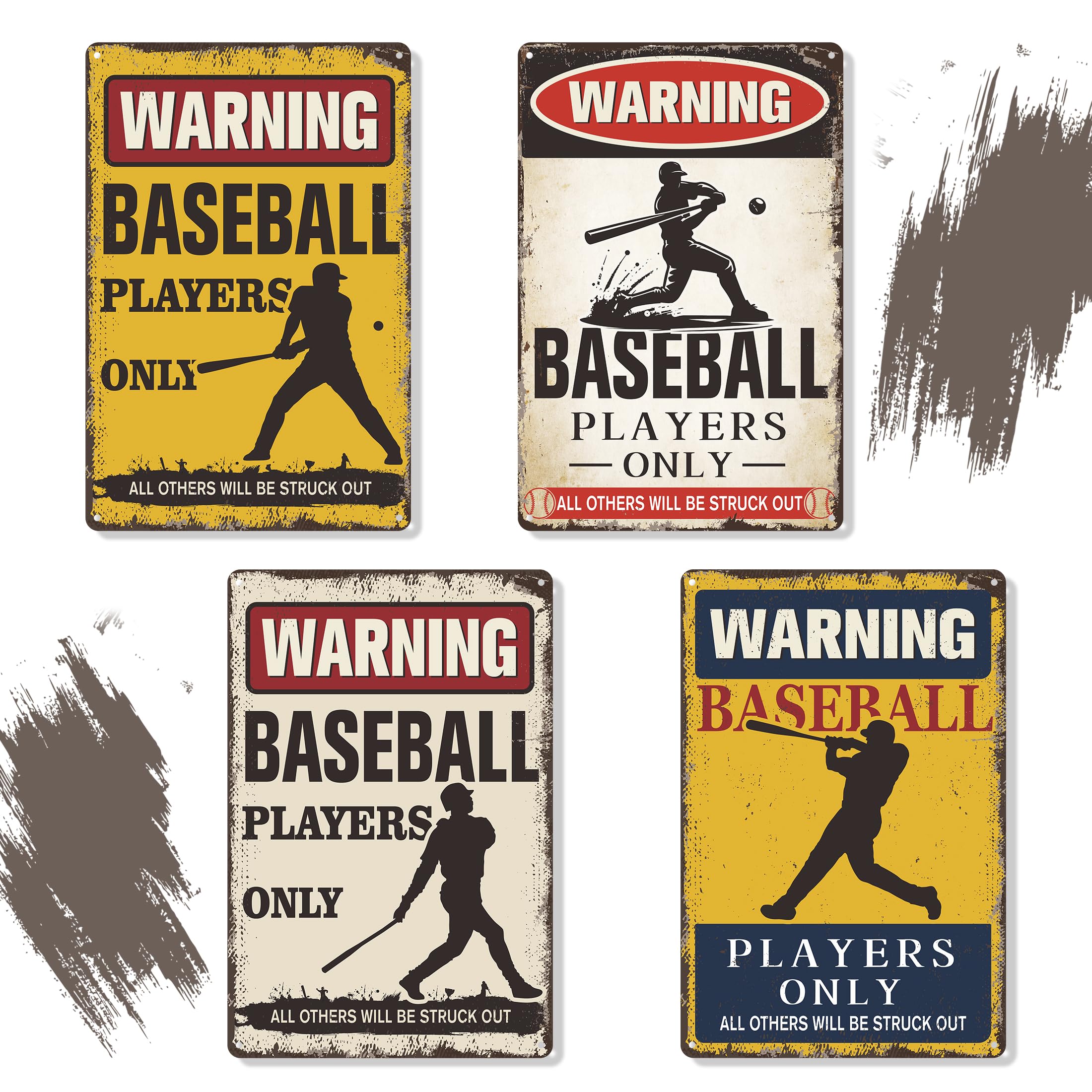 4 Pcs Vintage Baseball Players Only Warning Signs, Boys Bedroom Decor Wall Posters  Warning Baseball Players Only    , Boys Base