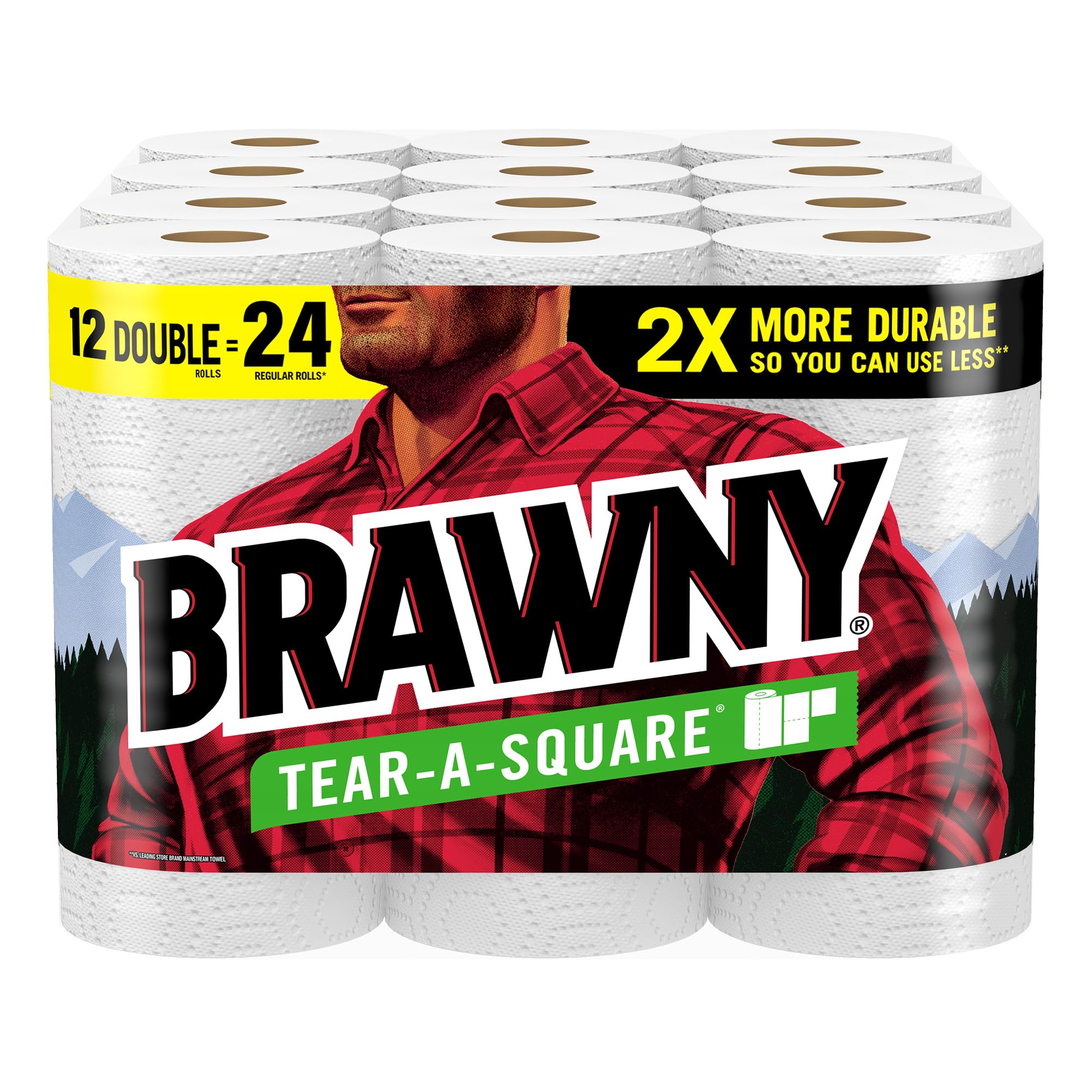 Brawny Tear-A-Square Paper Towels, 12 Double Rolls = 24 Regular Rolls, 3 Sheet Sizes (Quarter, Half, Full), Strength For All Mes