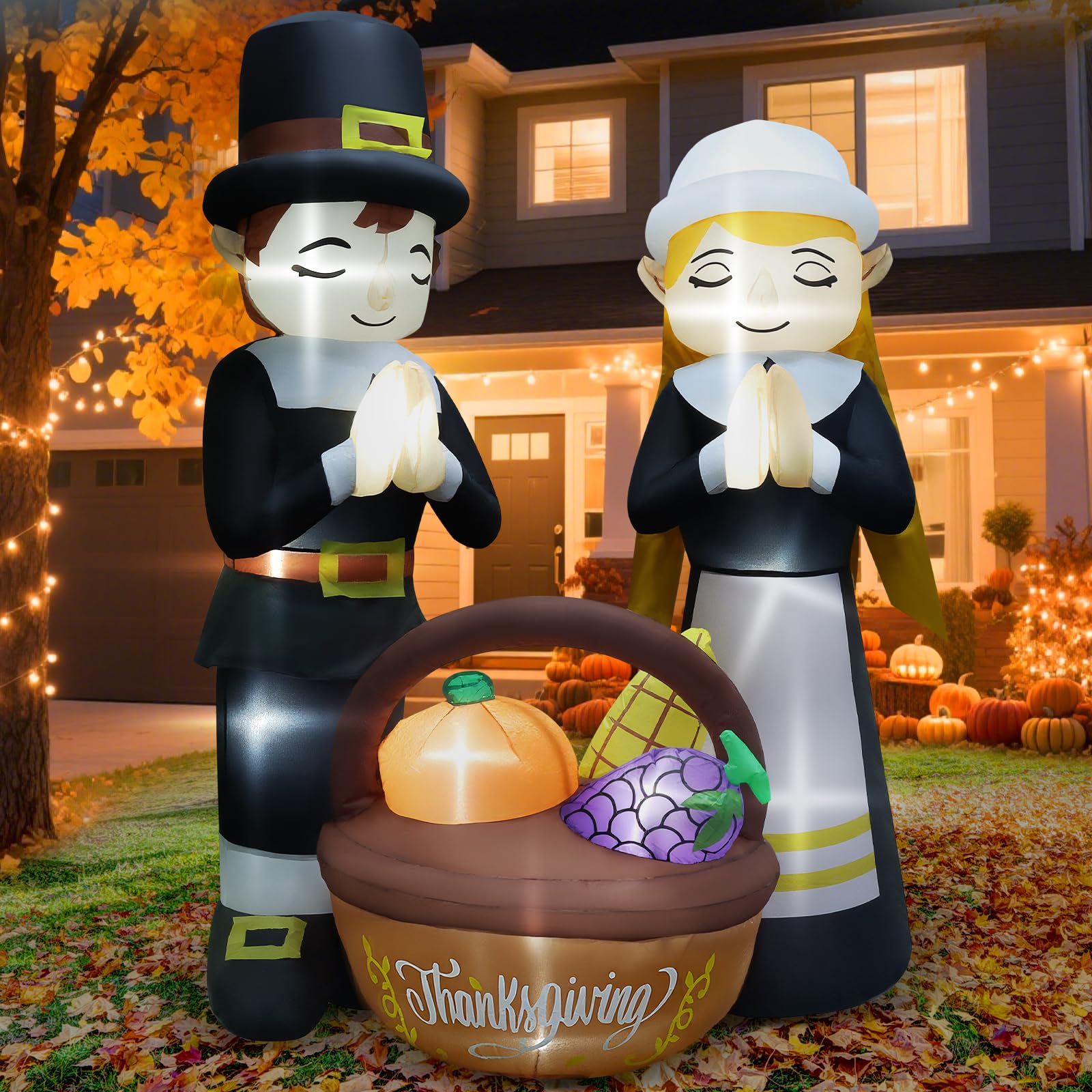6FT Thanksgiving Inflatables Fall Outdoor Decorations, Lighted Pilgrim Boy and Girl Blow Up with Basket & 11 Built-in LEDs & Blo