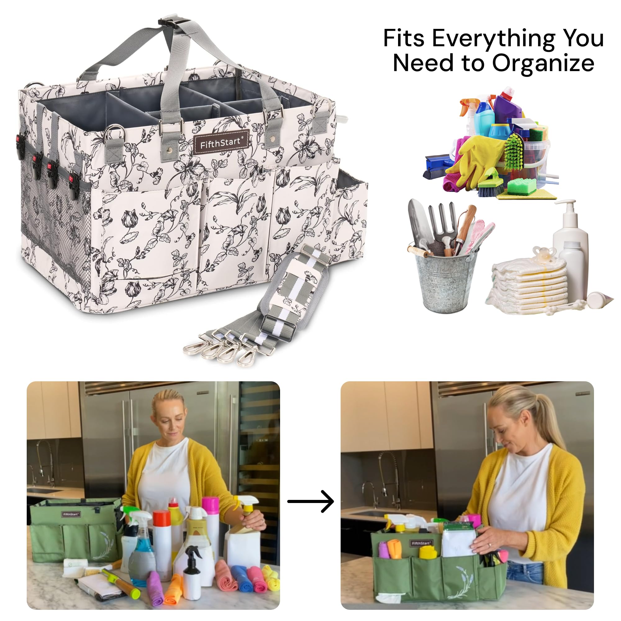 FifthStart Wearable Cleaning Caddy  A Cleaning Supplies Organizer With Shoulder Strap & Removable Waist Strap. Professional Cleaning Caddy Organizer With Handle: (Black  Small)
