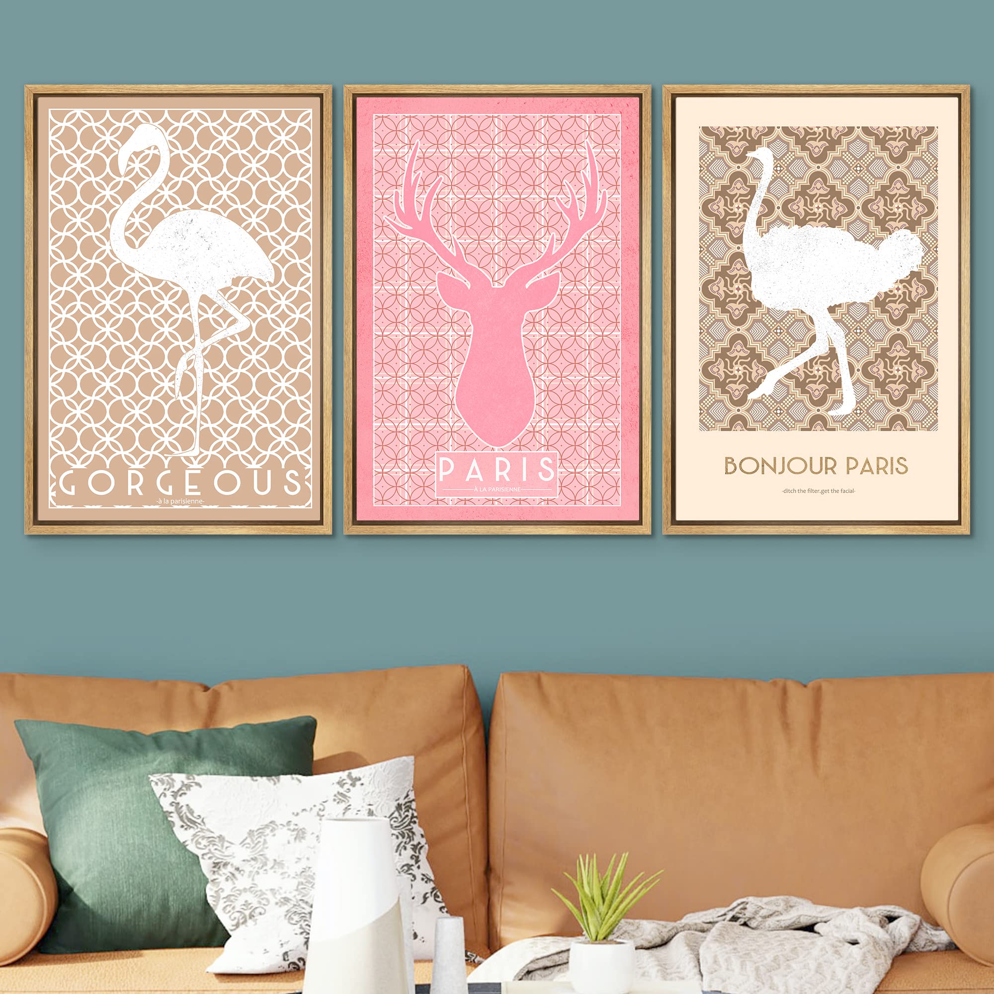 Signwin Framed Canvas Print Wall Art Set Paris Deer, Flamingo, Ostrich Pattern Nature Animals Illustrations Modern Art Rustic Gr