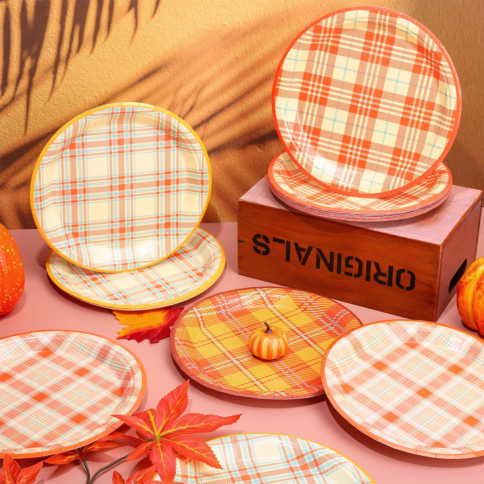 Whaline Fall Plaid Paper Plates Orange Yellow Autumn Gingham Disposable Plates 9 Inch Thanksgiving Party Tableware for Wedding B