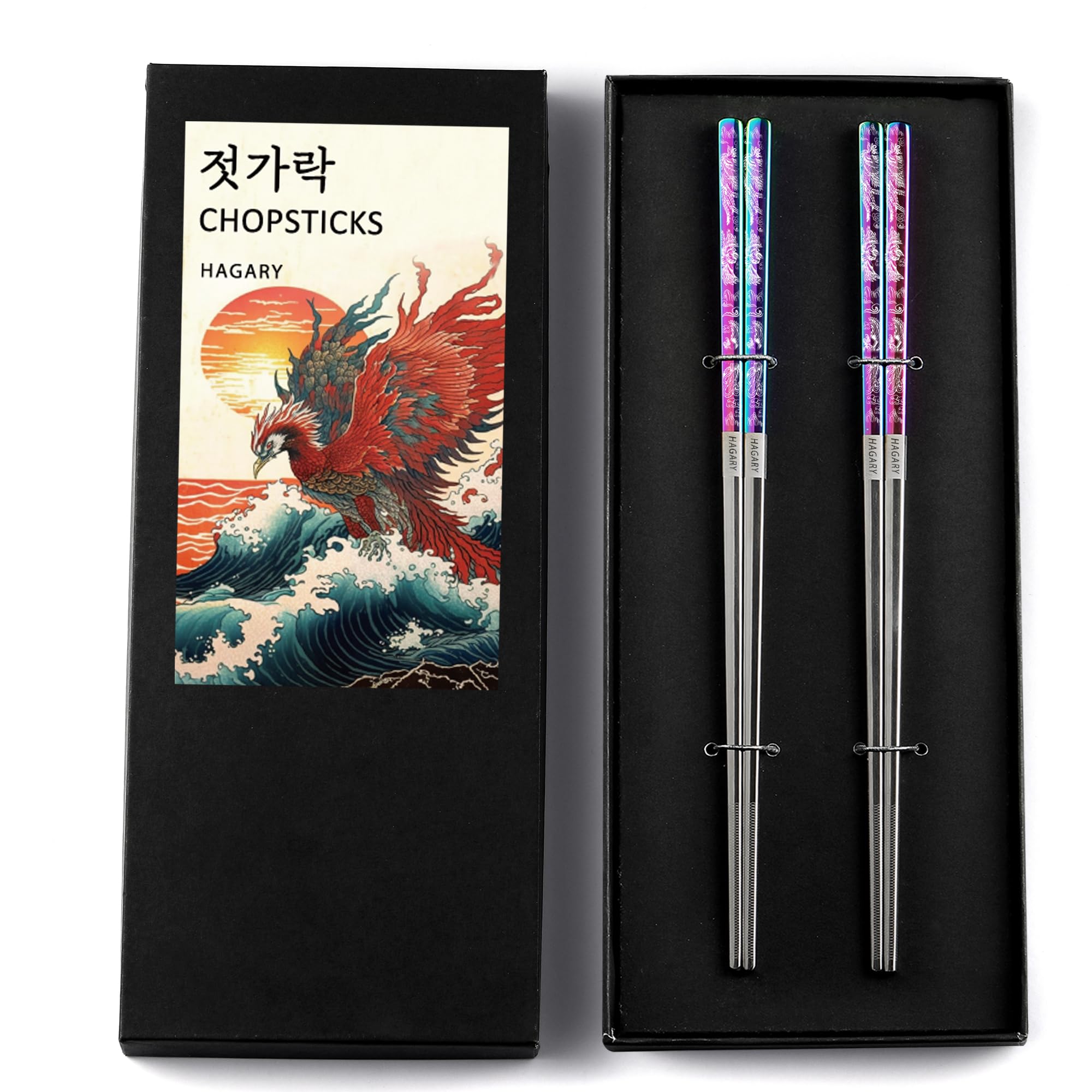 Phoenix Chopsticks Metal Reusable Designed In Korea Japanese Style Stainless Steel 316 18/10 Non-Slip Dishwasher Safe Laser Etch