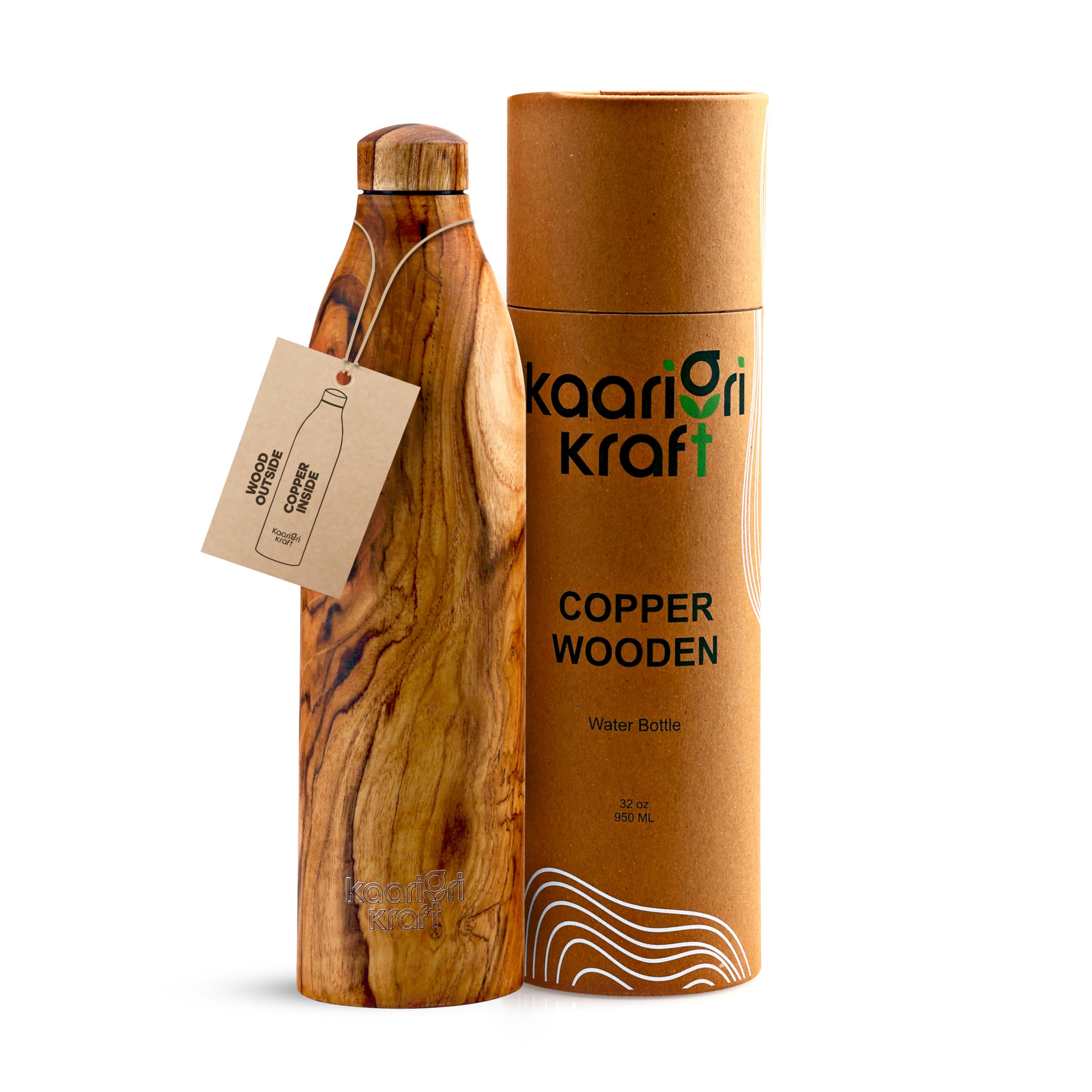 Kaarigri Kraft Wooden Copper Water Bottle | BPA Free | 32oz Water Bottle | LeakProof & Odorless | Perfect for Bottled Water Ent
