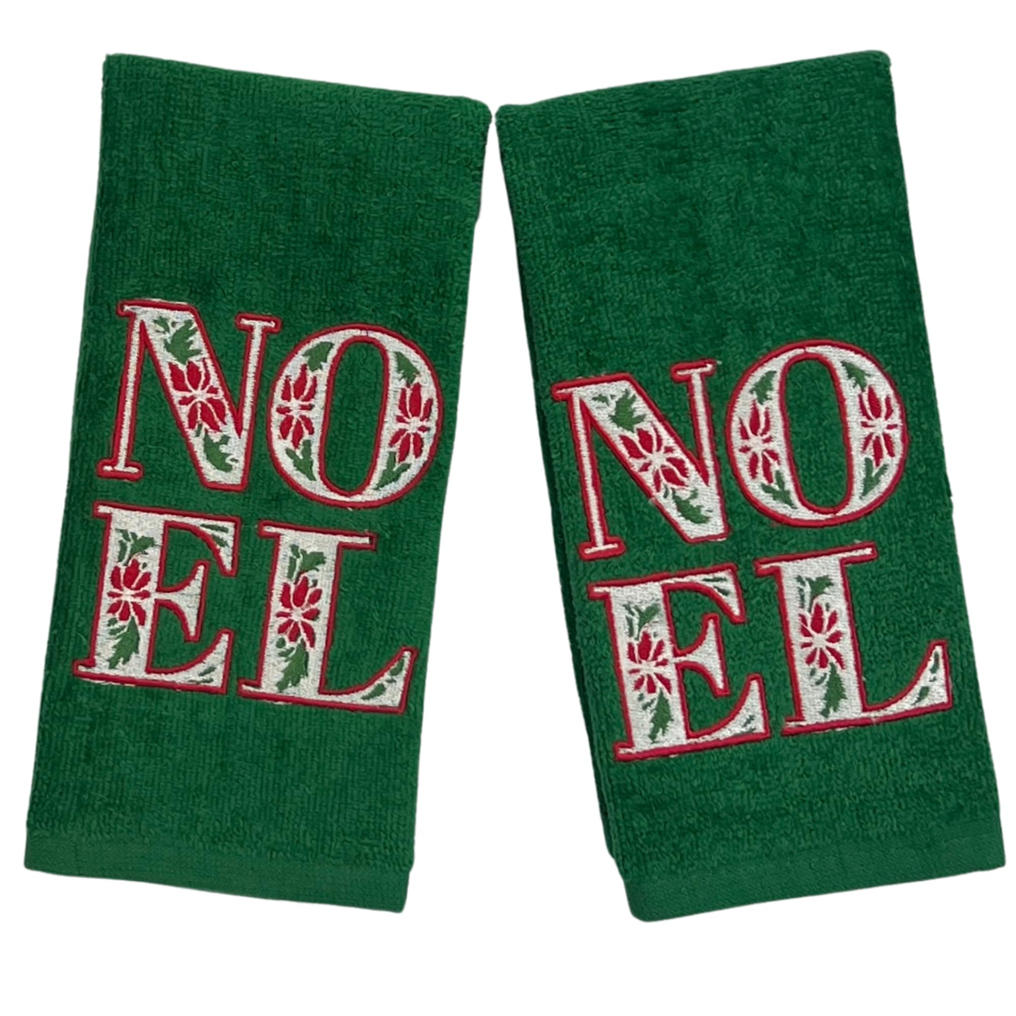 Serafina Home Holiday Christmas Bath Fingertip Towels, Embroidered Poinsettia Noel, Green With Stitched Hem, 2 Piece Set, 12 X 1