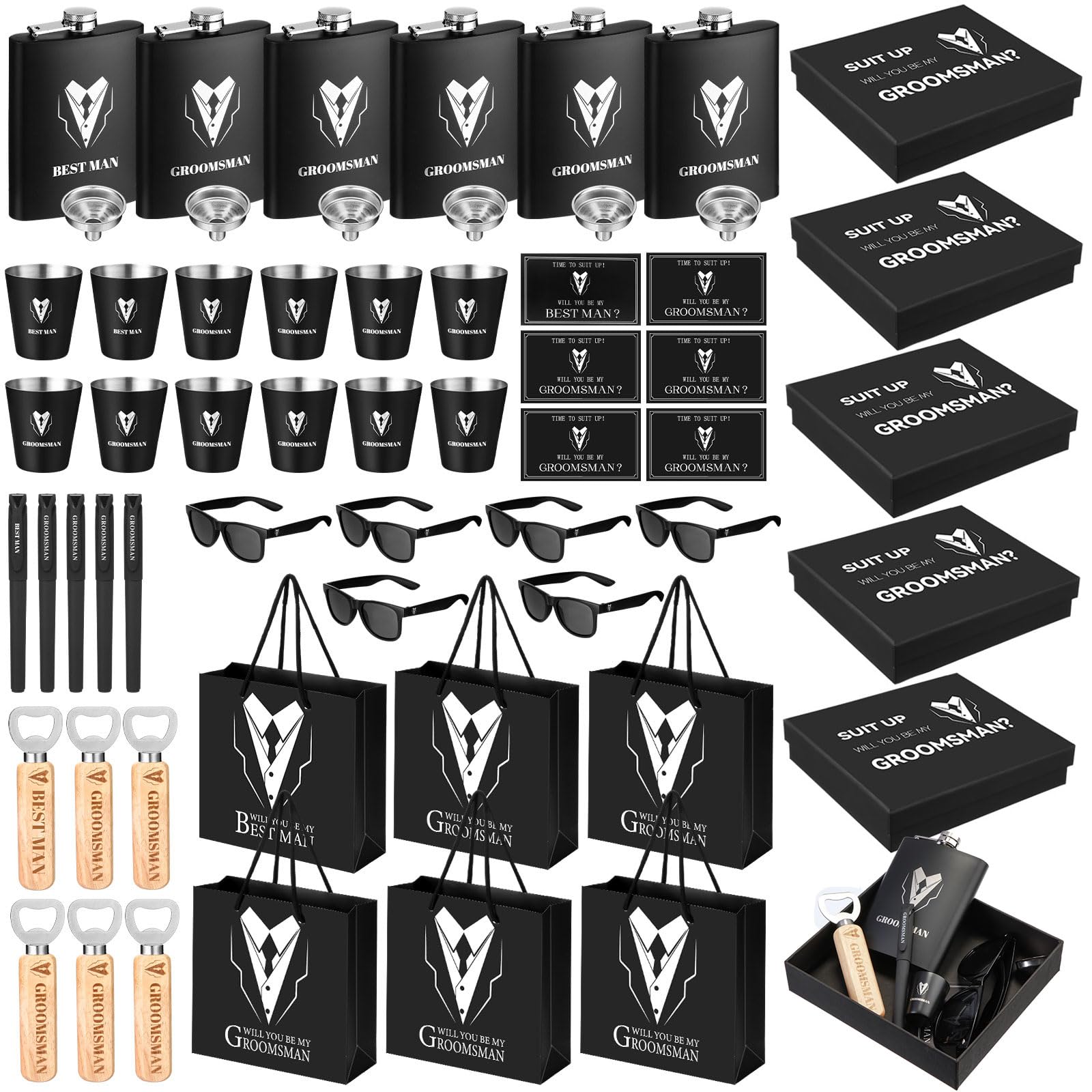 Layhit 54 Pcs Groomsmen Gifts Set Of 6, Groomsmen Proposal Gift Set, 6 Flask And 12 Stainless Steel Shot Glass 6 Wood Bottle Ope