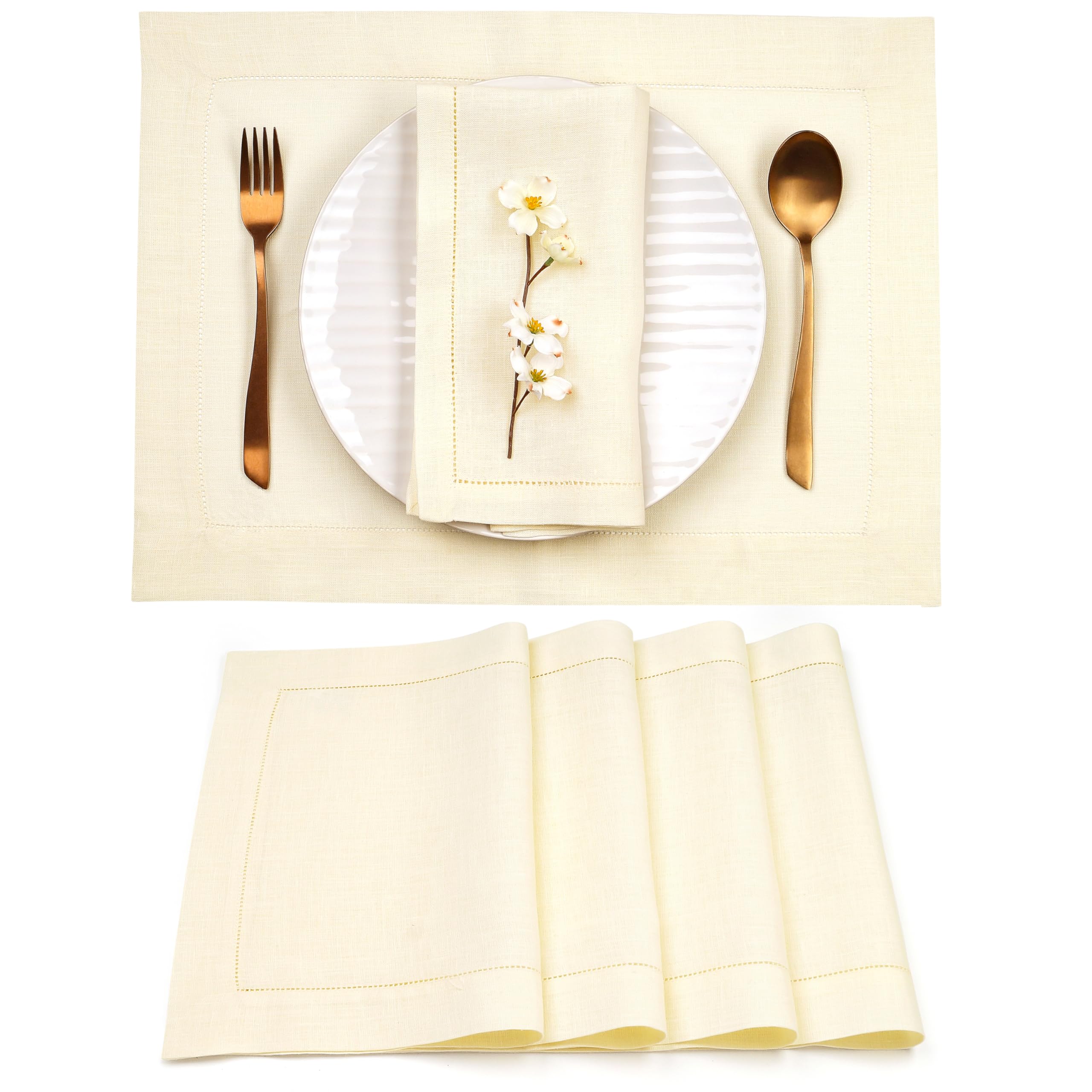 D'Moksha Homes Linen Placemats Set Of 4-100% Pure Linen Cream Placemats 14 X 19 Inch - Classic Hemstitch, Washable Cream Placema