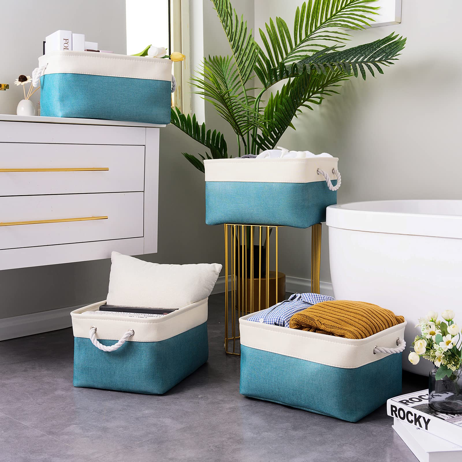 TcaFmac Storage Basket for Organizing - Large 4 Pack Fabric Storage Bins Baskets for Shelves with Ropes  Collapsible Storage Cubes for Closet Cloth Toy Organizer(White & Green16x12x8 inch)