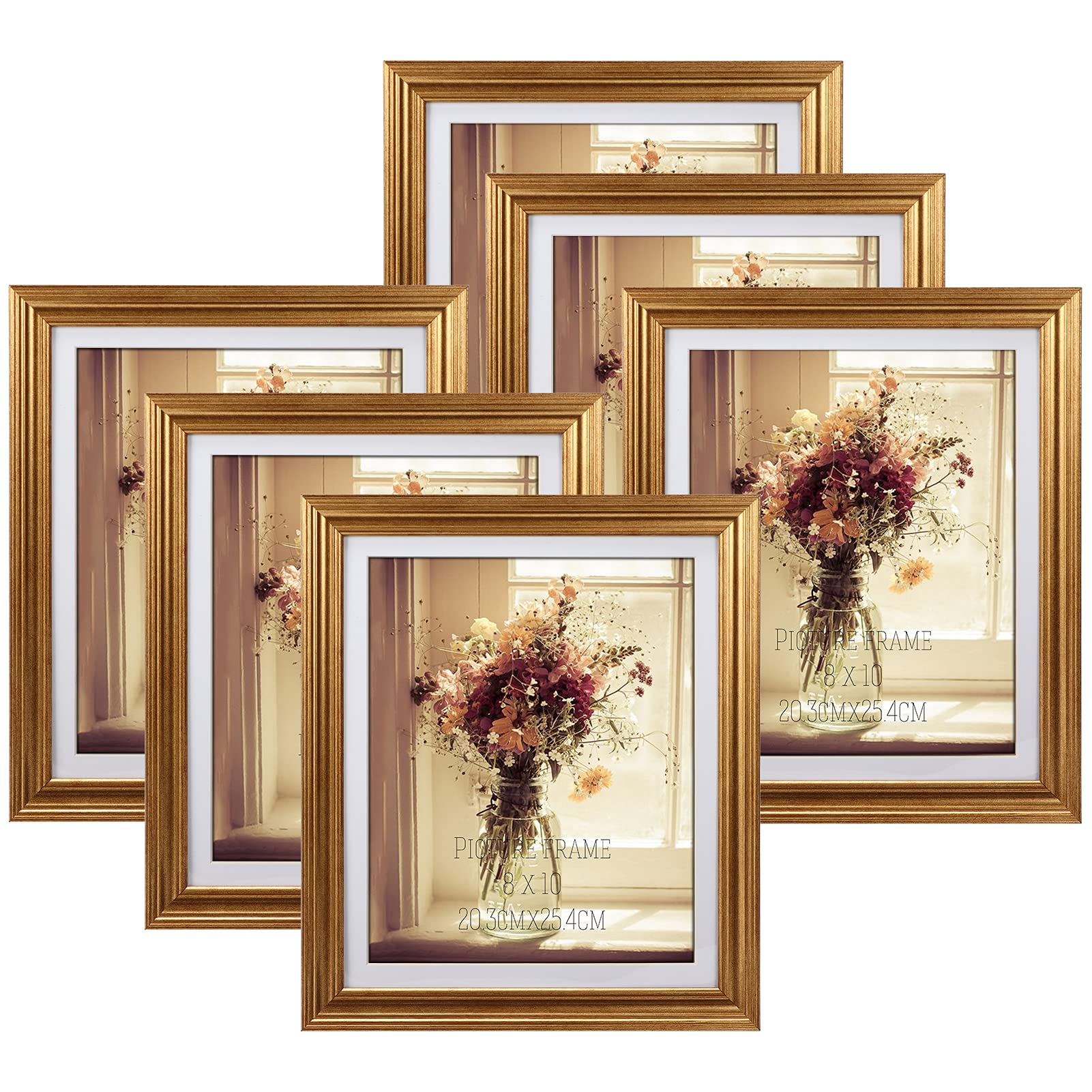MEBRUDY 8x10 Picture Frames with Mat, Gold Photo Frames Set for Wall or Tabletop Display, 6 Pack