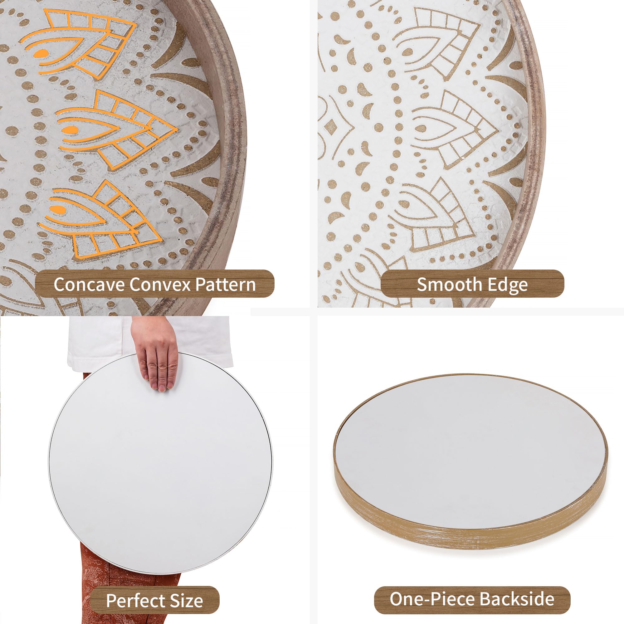 Hanobe Round Decorative Coffee Tray: Rustic Table Tray Decor Farmhouse Centerpiece Wood Circle Tray Floral Serving Trays for Kitchen Counter Boho Ottoman Tray for Home  Brown