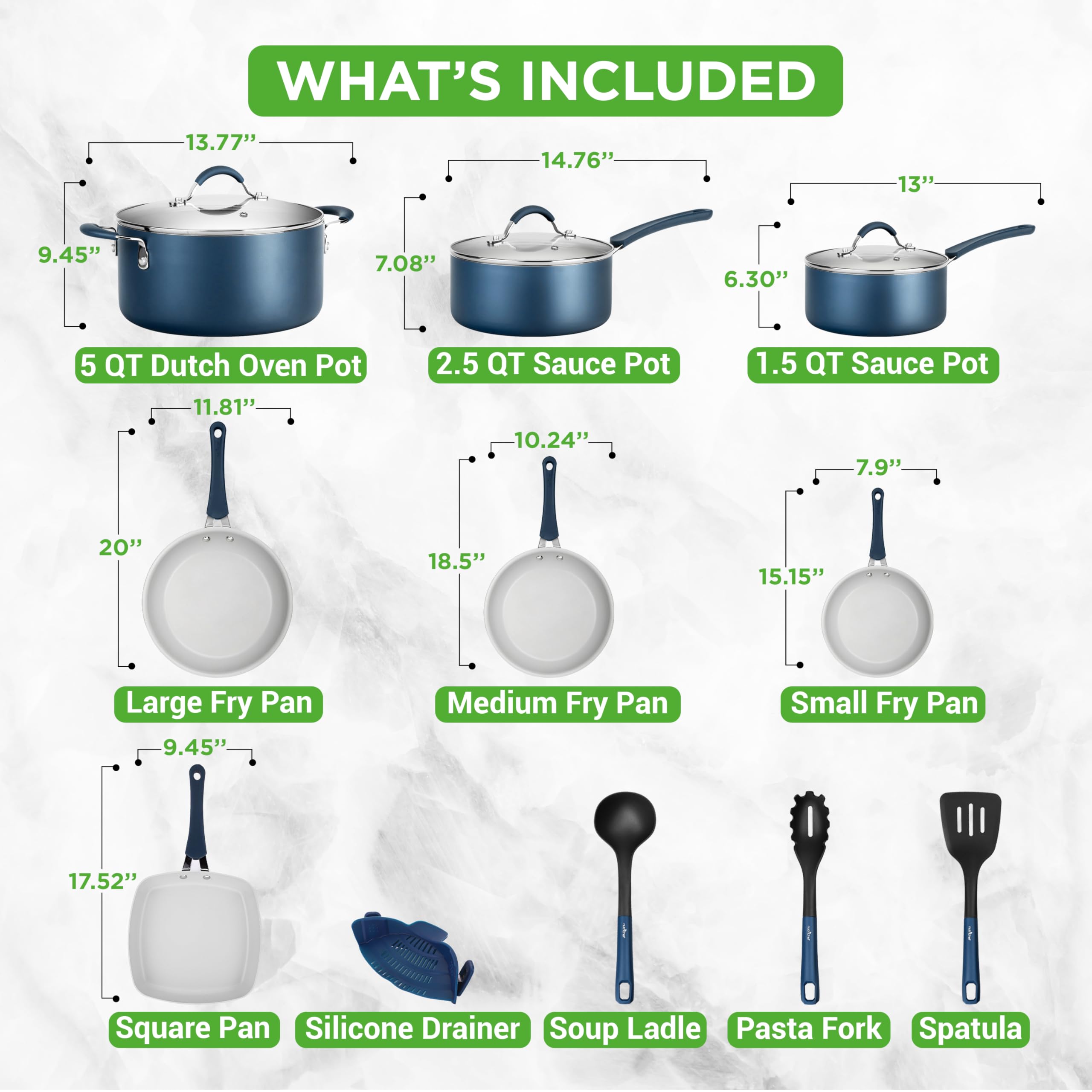 NutriChef 14-Piece Navy Blue Cookware Set - Durable Non-Stick Pots and Pans Set with Lids & Utensils, Compatible with All Cookto
