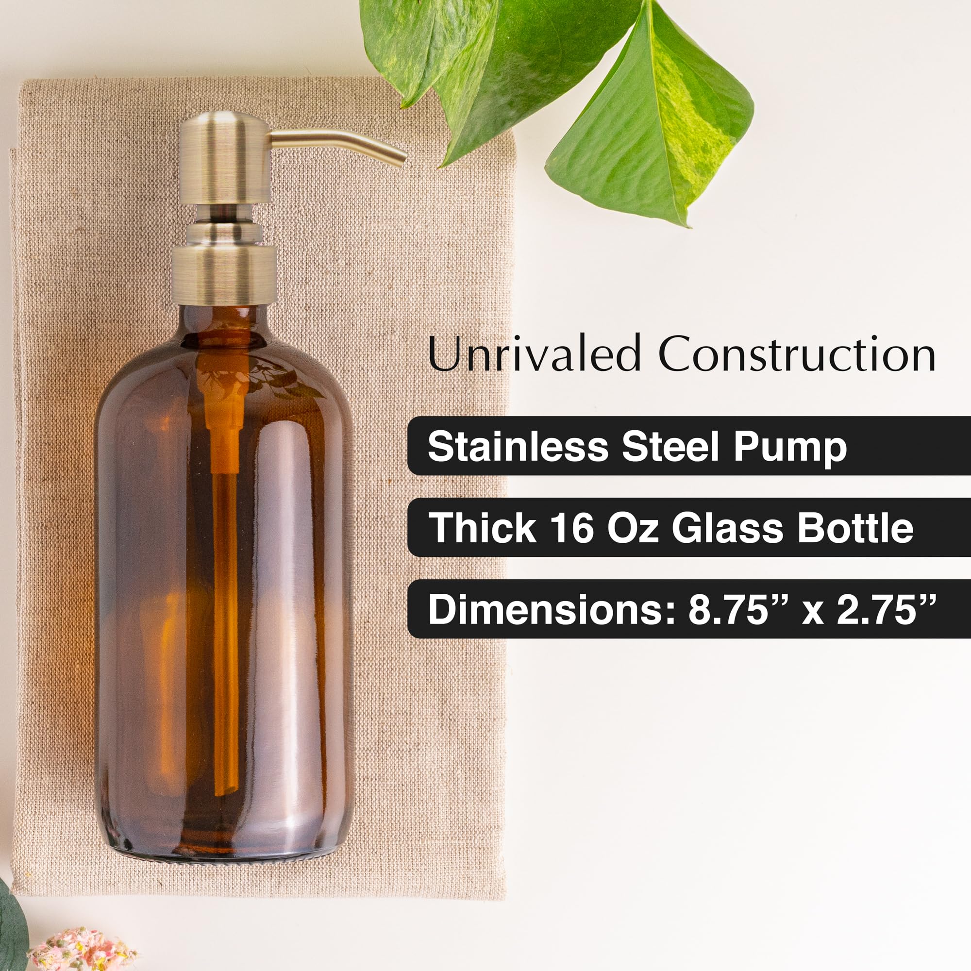 Vine creations Amber glass Soap Dispenser 2 Pack, Thick 16oz Bottles Rustproof Stainless Steel Pump, Kitchen Bathroom Accessorie