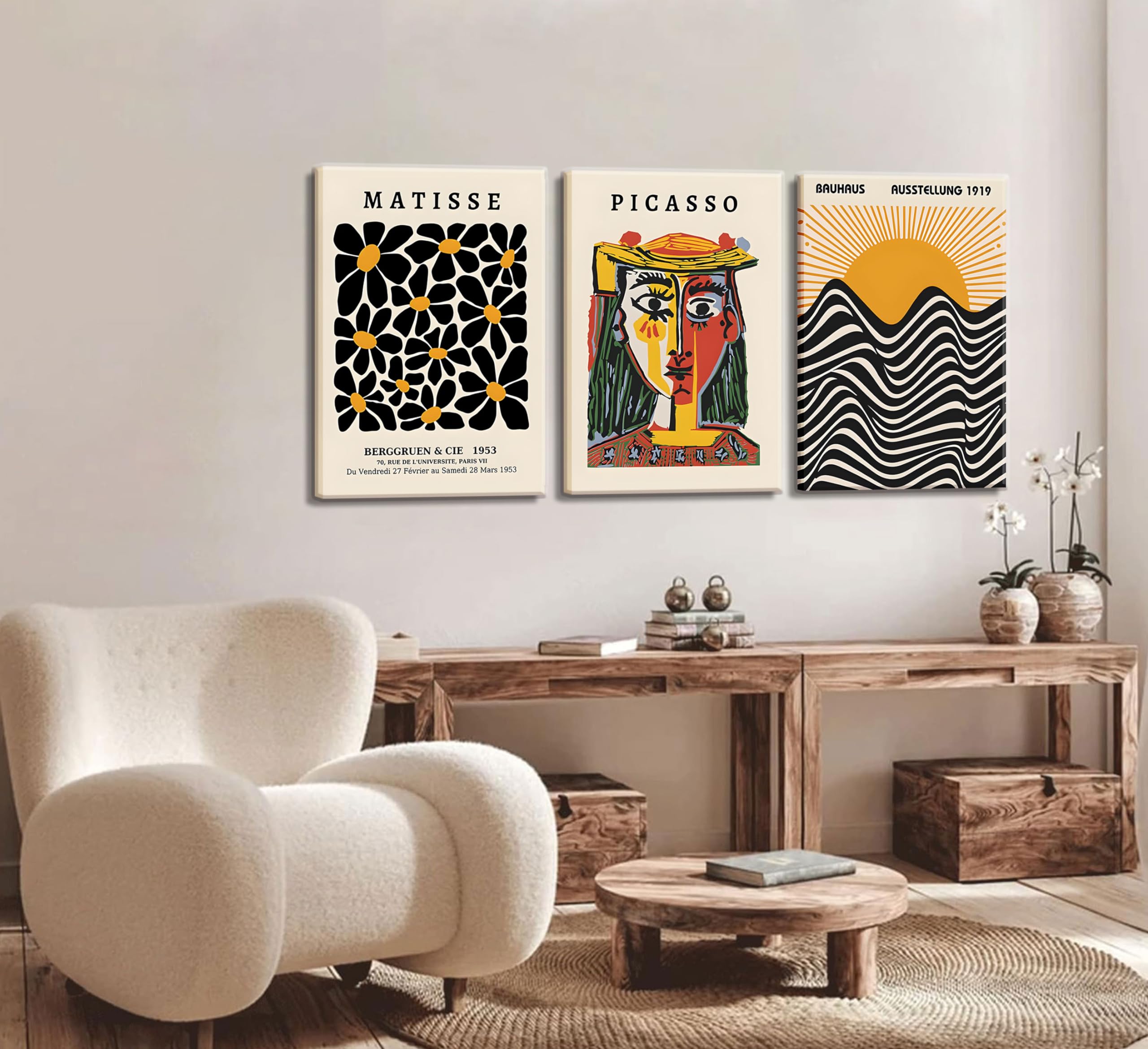 3 Pack Framed Gallery Wall Art Picasso Matisse Bauhaus Set Canvas Prints Abstract Paintings Posters Orange Black Modern Minimali