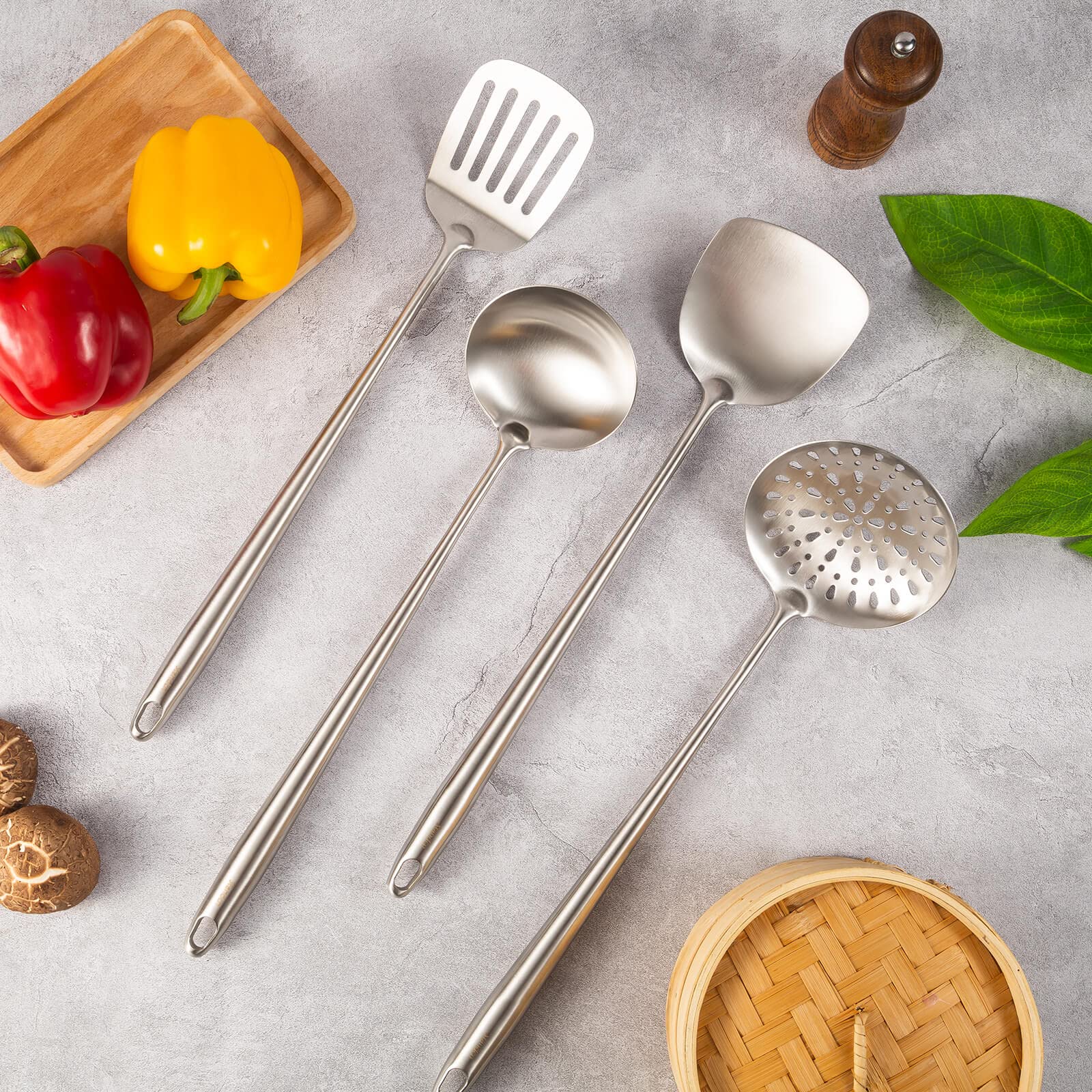 17Inch Wok Spatula And Ladle, Skimmer Spoon, Slotted Spatula - 304 Stainless Steel Kitchen Utensils Set, 4-Pieces All Metal Extr