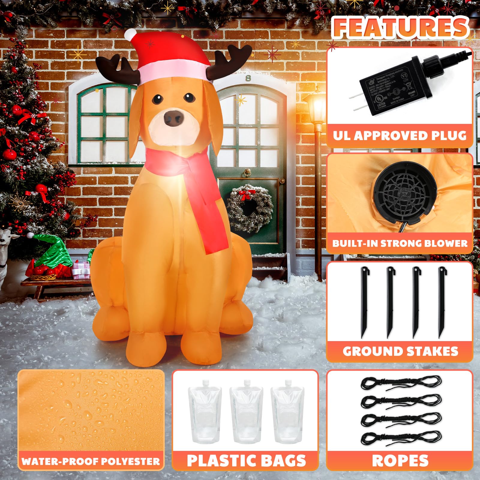 Kitticcino 4 FT Christmas Inflatables Dog Outdoor Decoration Blow Up Golden Retriever with Santa Hat and Scarf Outdoor Indoor Ya