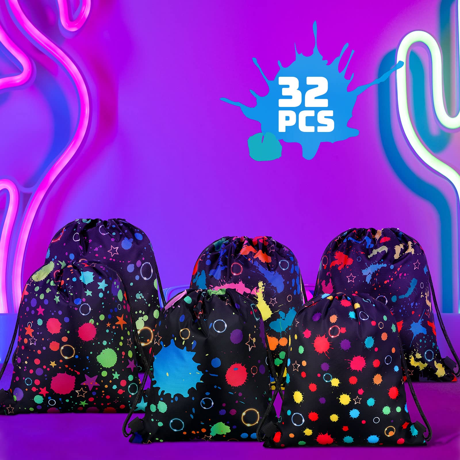 32 Pcs Glow Party Drawstring Bags Glow Party Favors Neon Birthday Treat Bags Candy Goodie Bags For Teens Social Media Theme Gift