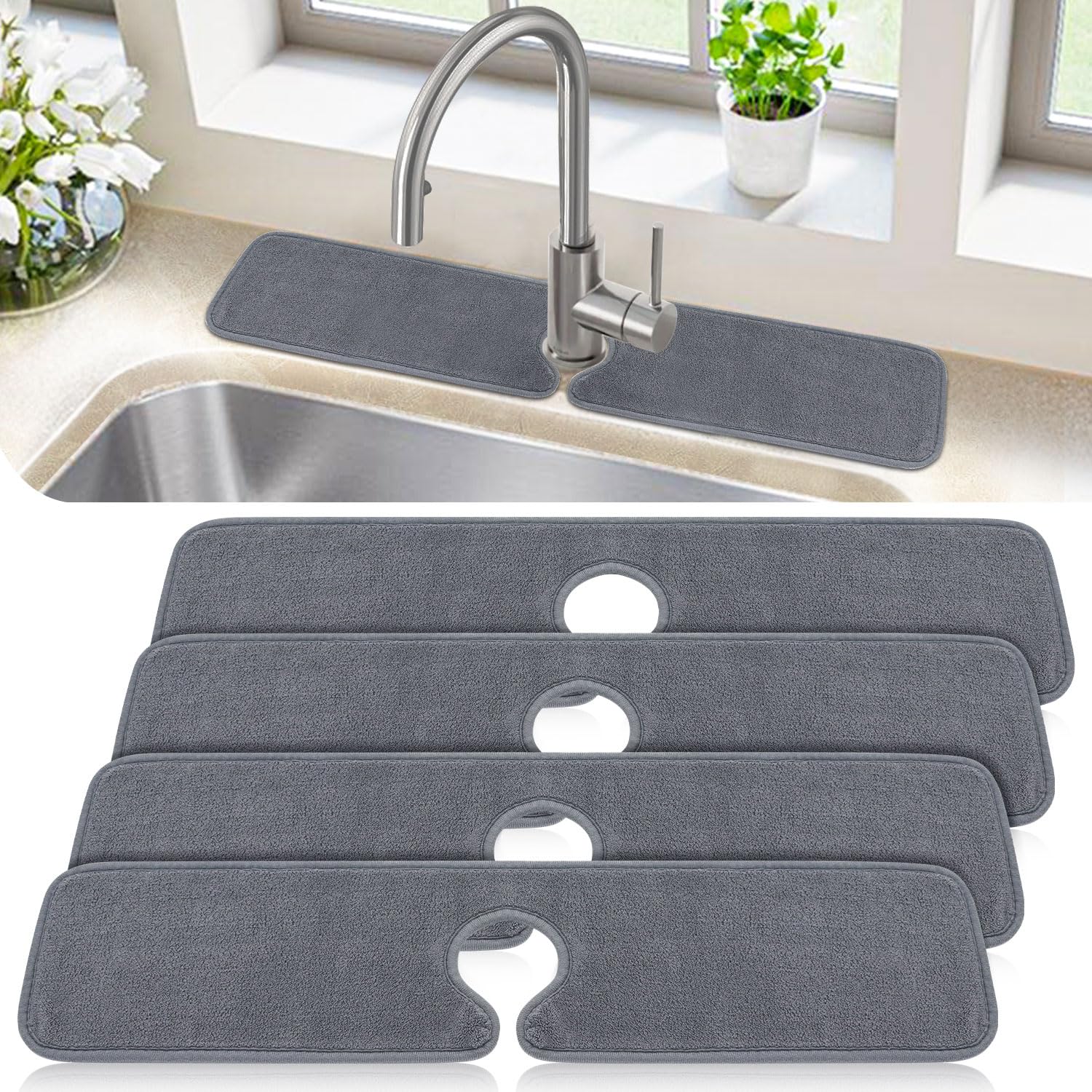 Poyang 4 Pack Kitchen Sink Splash Guard: Long Sink Faucet Mat Splash Guard, Super Absorbent Microfiber Sink Protector Mat, Kitch