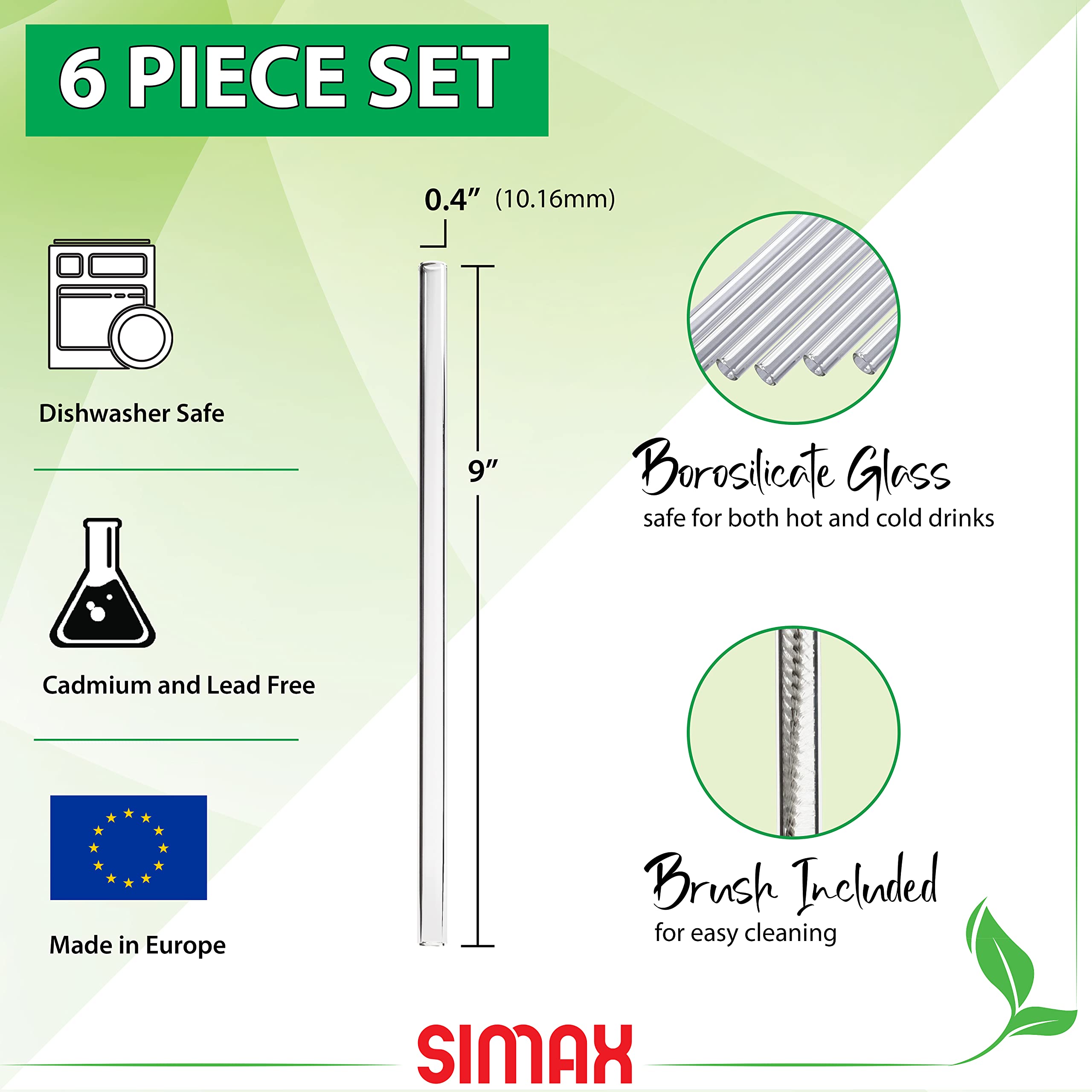 Simax Reusable Glass Drinking Straws - For Smoothies  Boba  Milkshake  Iced Coffee  etc. - Shatter Resistant Borosilicate Glass Straws For Hot And Cold Drinks - Pack of 6 Drinking Straws With Brush