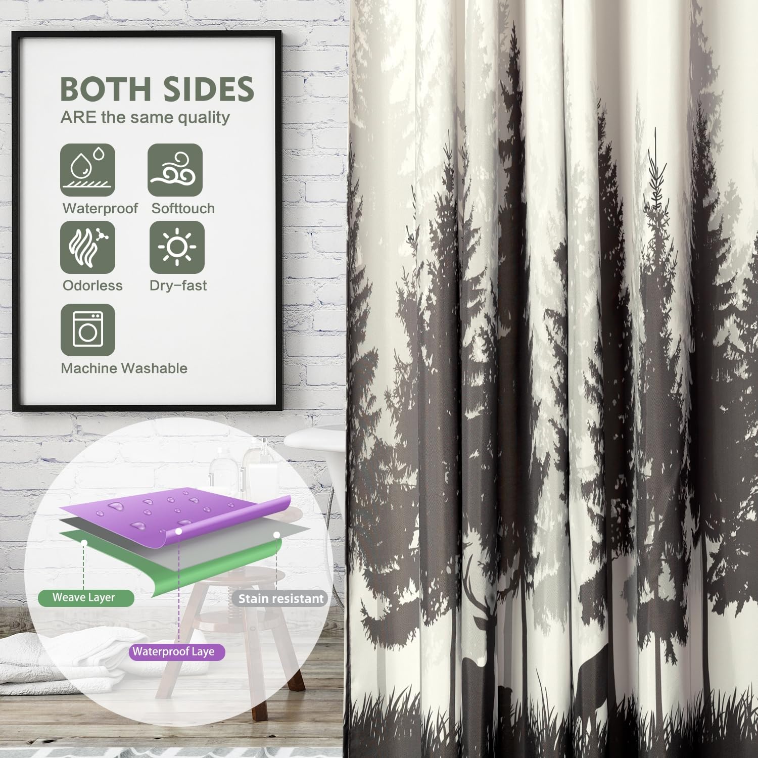 Brown Misty Forest Shower Curtain Waterproof Fabric Deer Shower Curtain Nature Mountain Shower Curtains For Bathroom Woodland Ru
