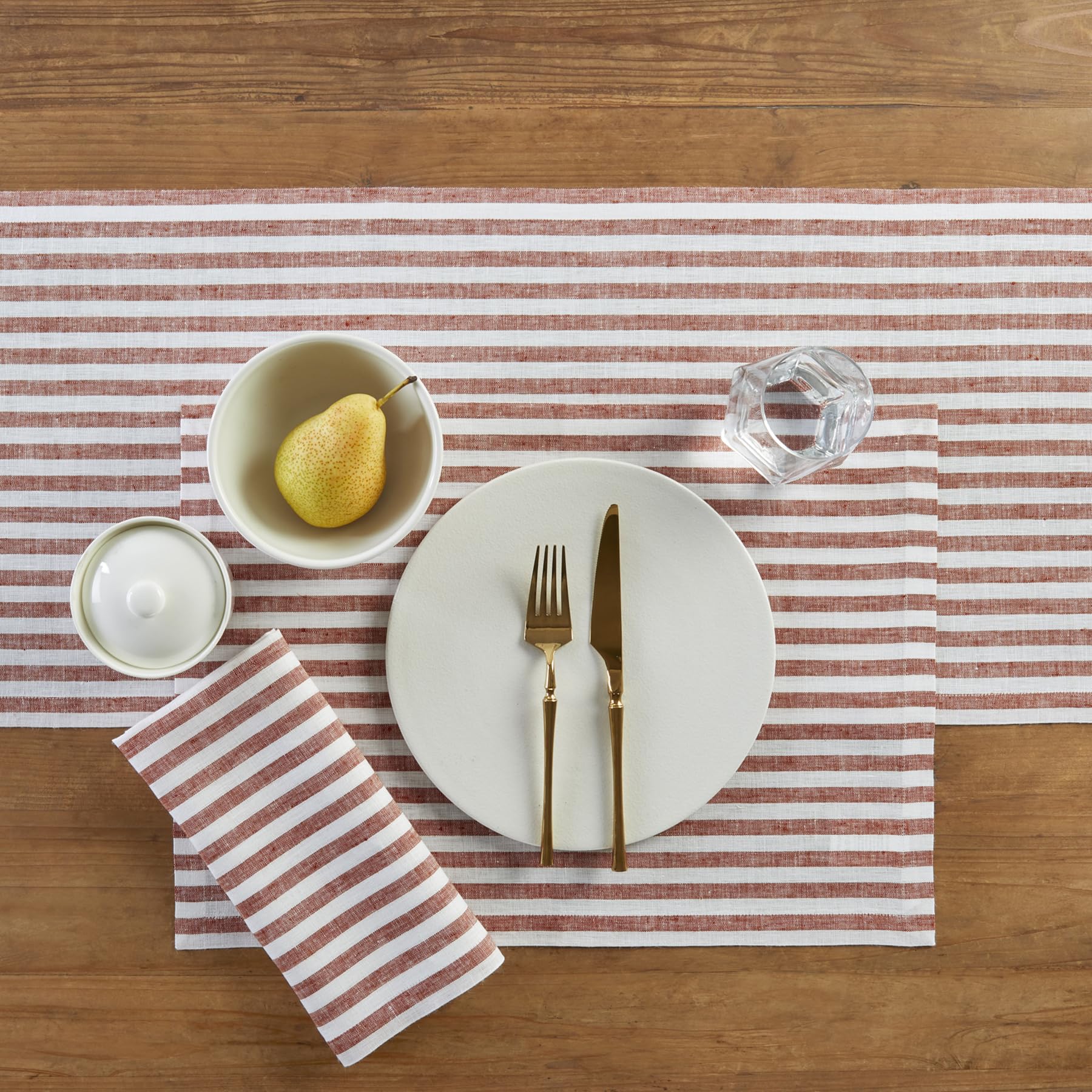 Solino Home Stripe Linen Table Runner 36 Inch - 100% Pure Linen Cinnamon And White Short Table Runner 14 X 36 Inch Ideal For Dre