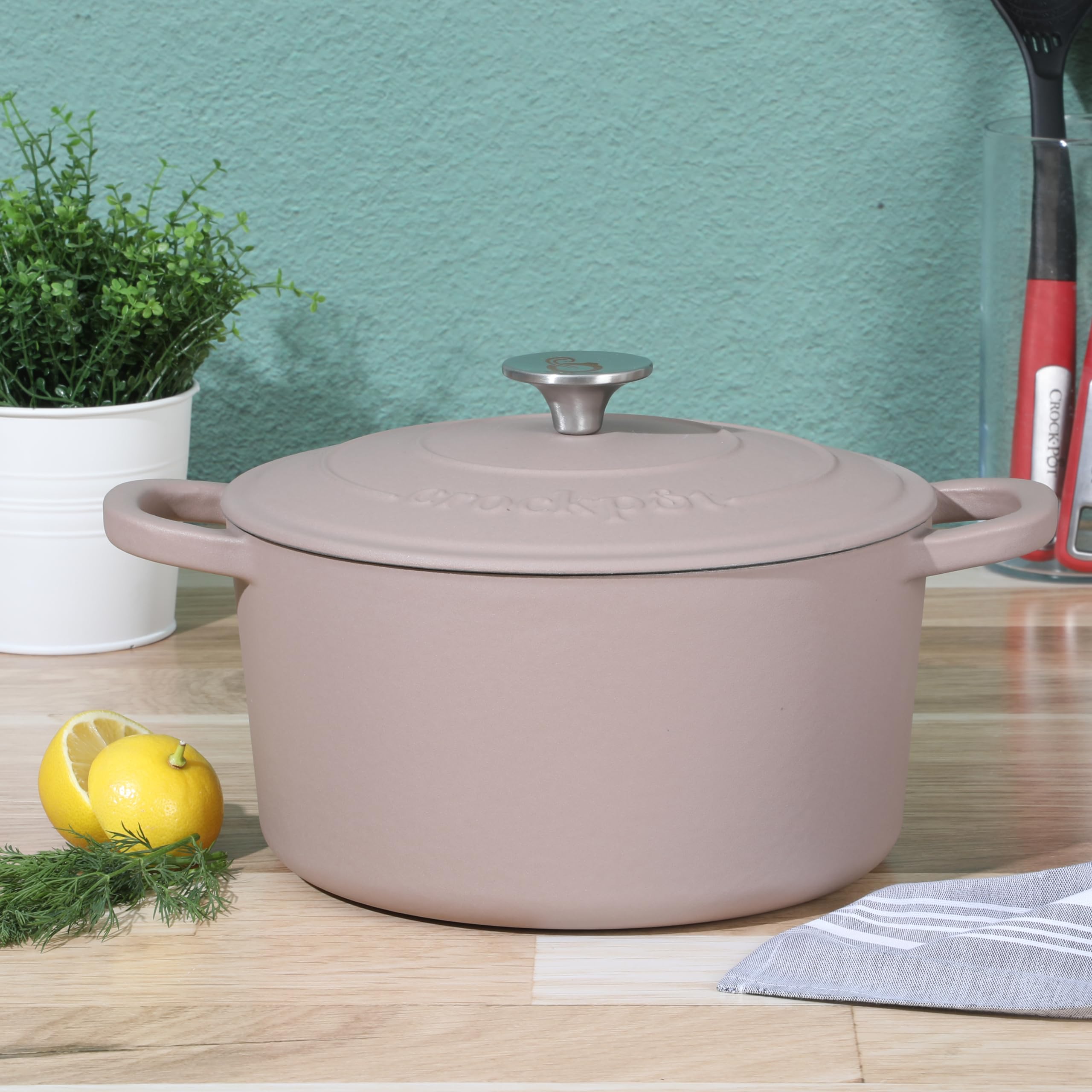 Crock Pot Artisan 5-Quart Round Cast Iron Dutch Oven Pot With Lid - Matte Dusty Pink