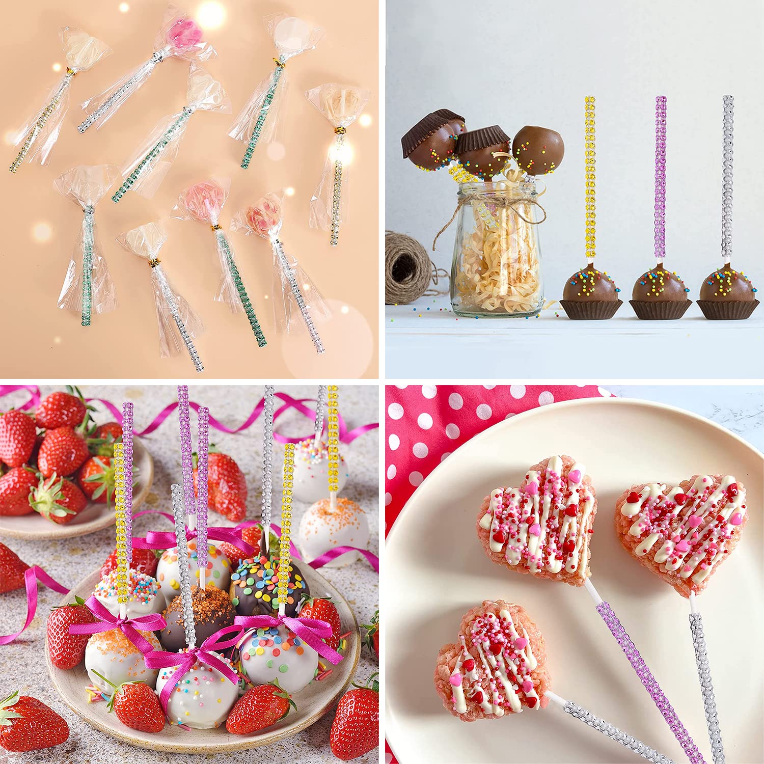 24 Pack Bling Cake Pop Sticks And Wrapper Kit, Rhinestone Lollipop Making Decor Set With Twist Ties & Bags, Diamond Candy Holder