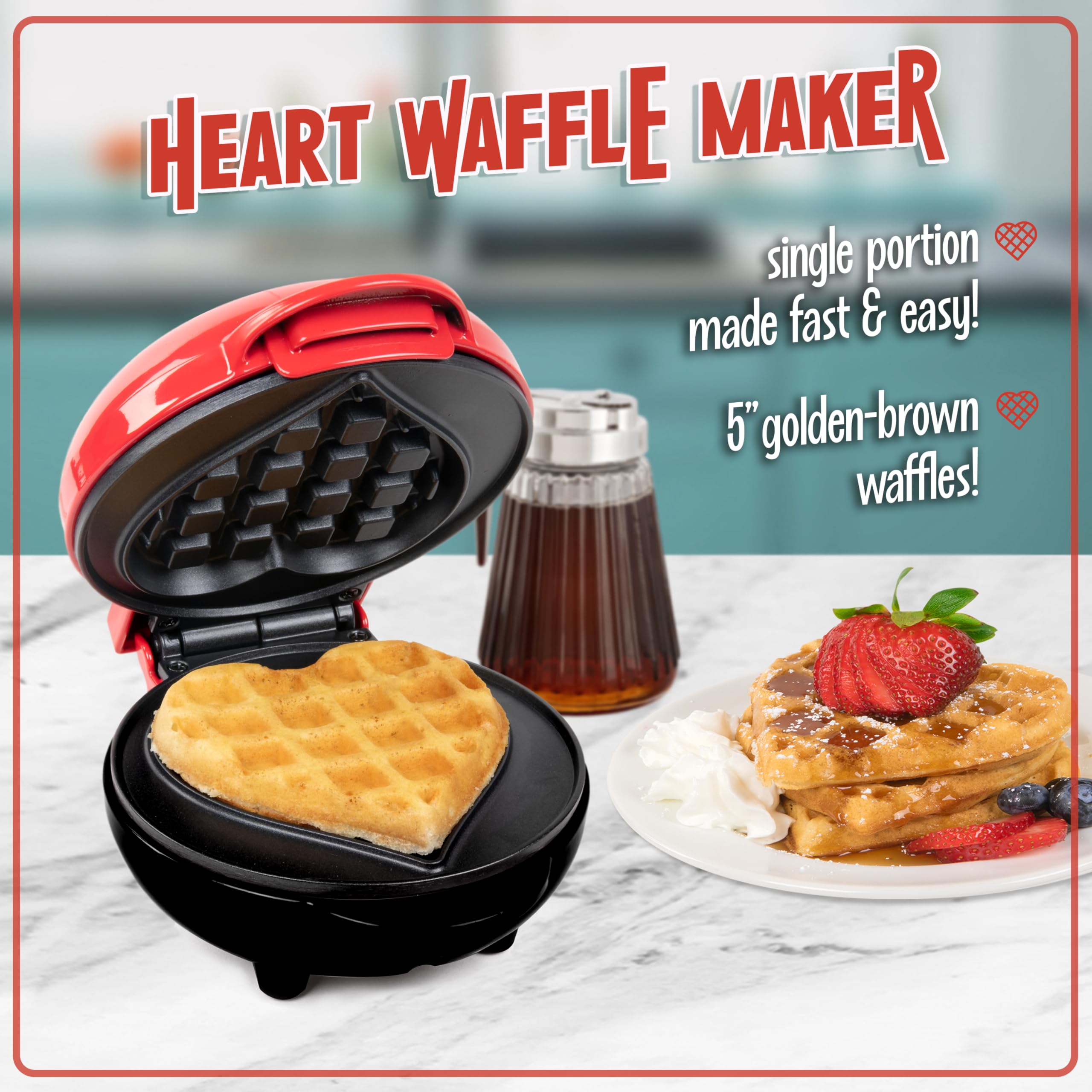 Nostalgia Mymini Personal Electric Heart Waffle Maker, 5-Inch Cooking Surface, Waffle Iron For Hash Browns, French Toast, Grille
