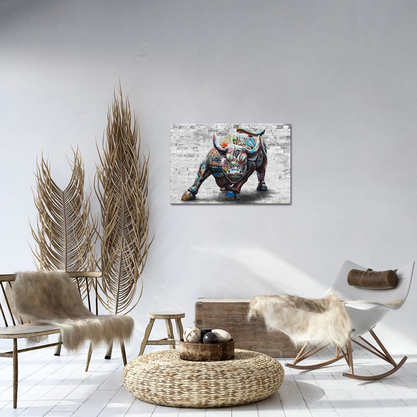 Duobaorom Large Graffiti Bull Canvas Motivational Cool Wall Art For Men New York Landmark Bull Pop Street Painting Office Decor