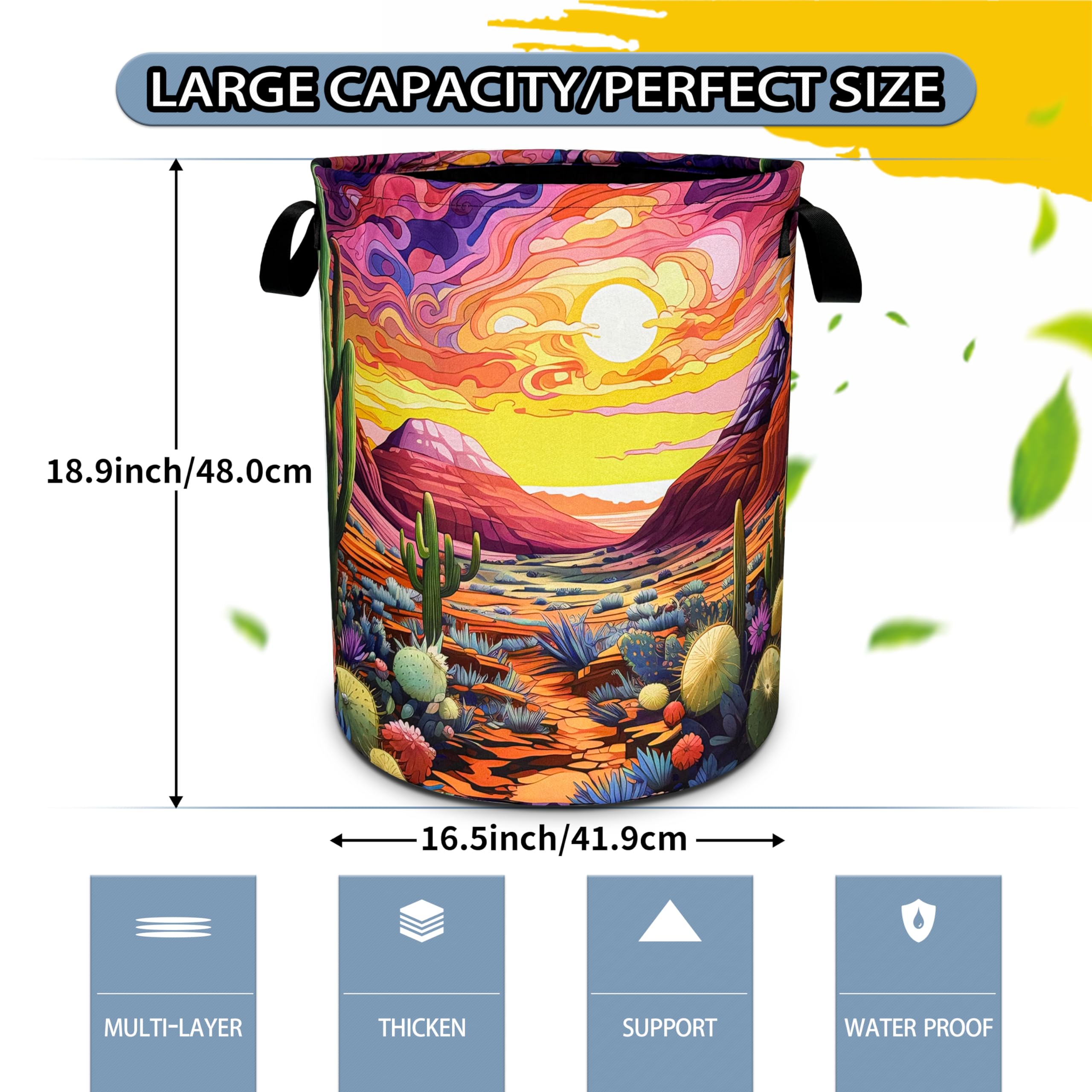 Desert Cactus Laundry Basket Colorful Scenery Mountain Foldable Oxford Cloth Funny Tote Bag Laundry Hamper Clothes Storage Bucke