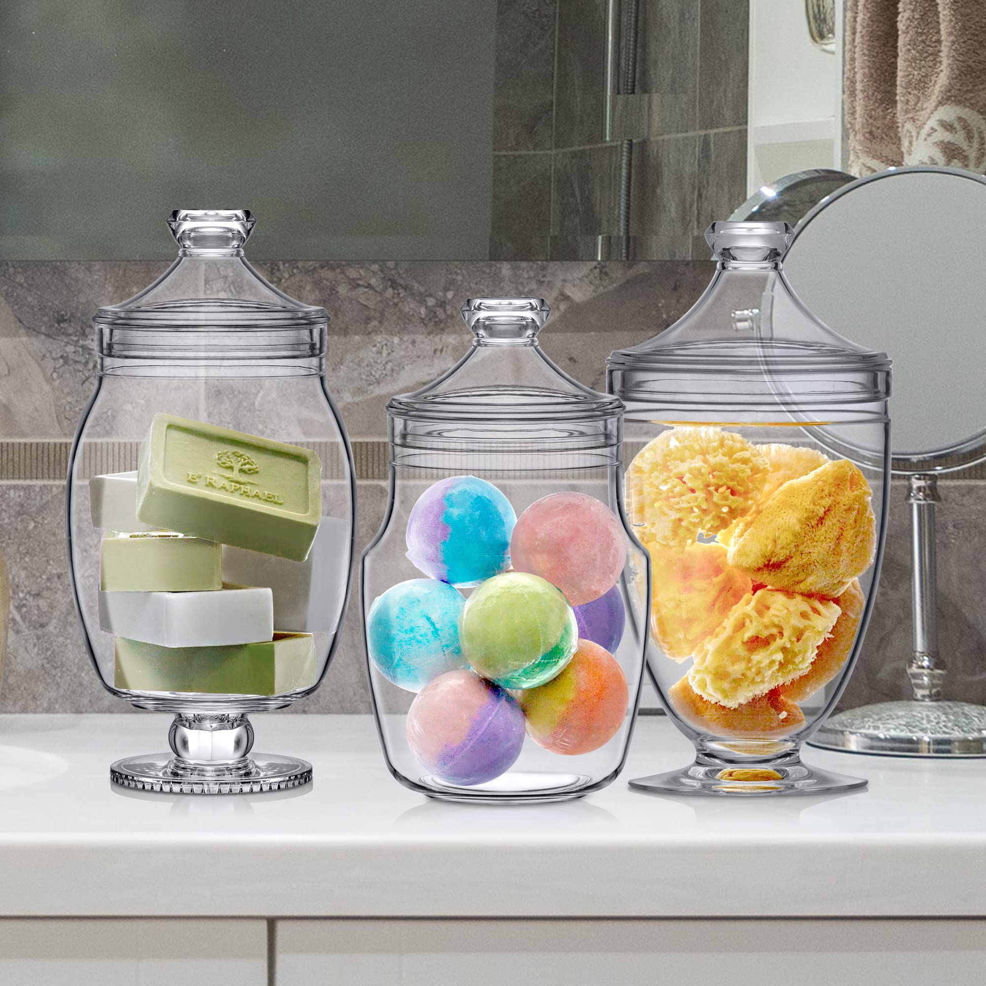 Amazing Abby - Keep - Acrylic Apothecary Jars (3-Piece Set)  Plastic Jars with Lids  Bathroom Canisters  Vanity Organizers  Candy Buffet  Wedding Display  BPA-Free and Shatter-Proof