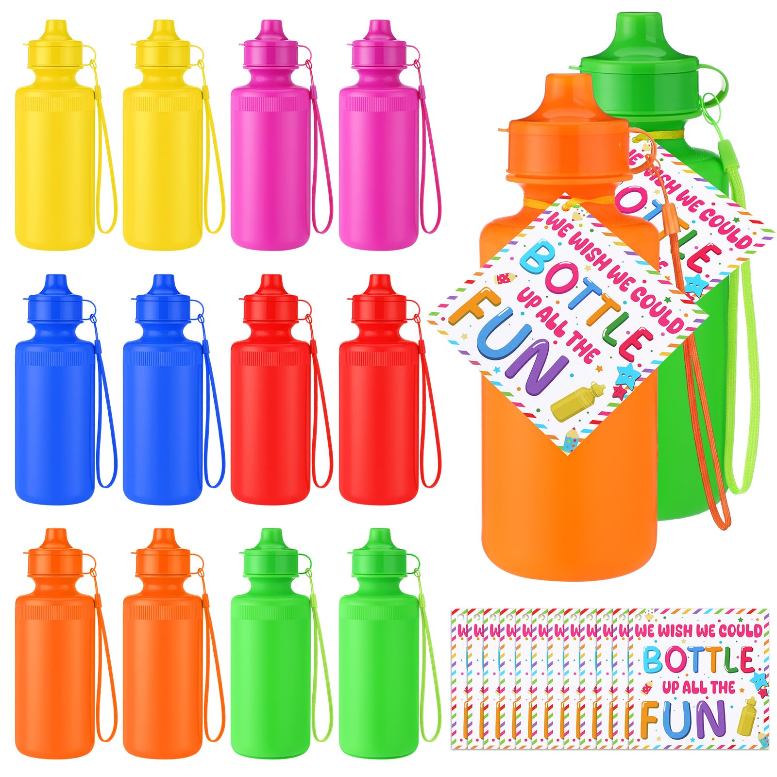 Bokon 24 Pcs/12 Set Water Bottles Bulk End of Year Gift Sport Water Bottle with Card 20 oz Portable Colorful Bottle Summer Gradu