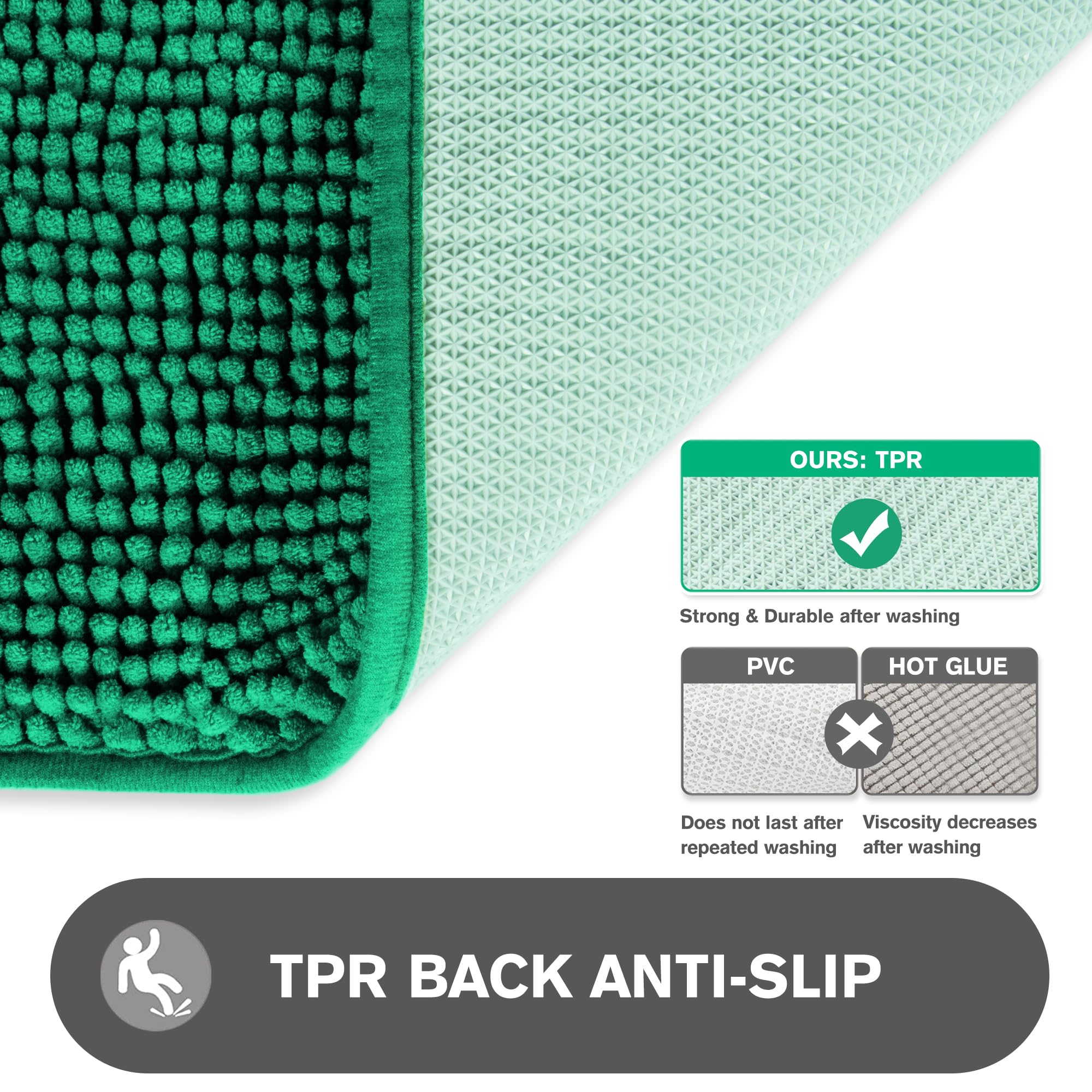 Pureswan Emerald Green Bathroom Rugs - Absorbent And Washable Bath Mat, Non-Slip, Thick Soft Chenille Bath Rugs For Bathroom Flo