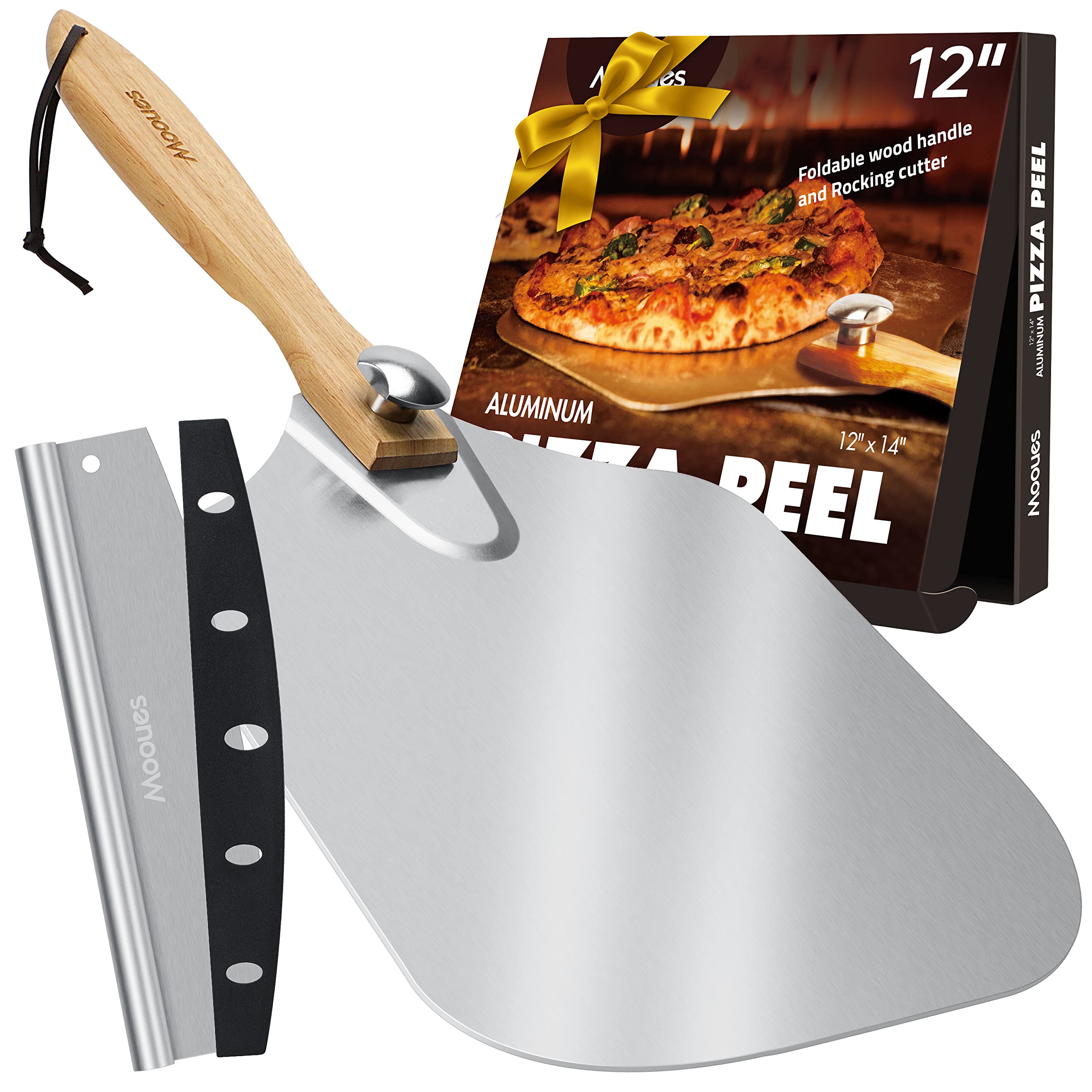 Pizza Peel Aluminum Pizza Spatula, Mooues 12 Inch Metal Pizza Paddle(12''X 14'')With Rocker Cutter Foldable Wood Handle, [Storag