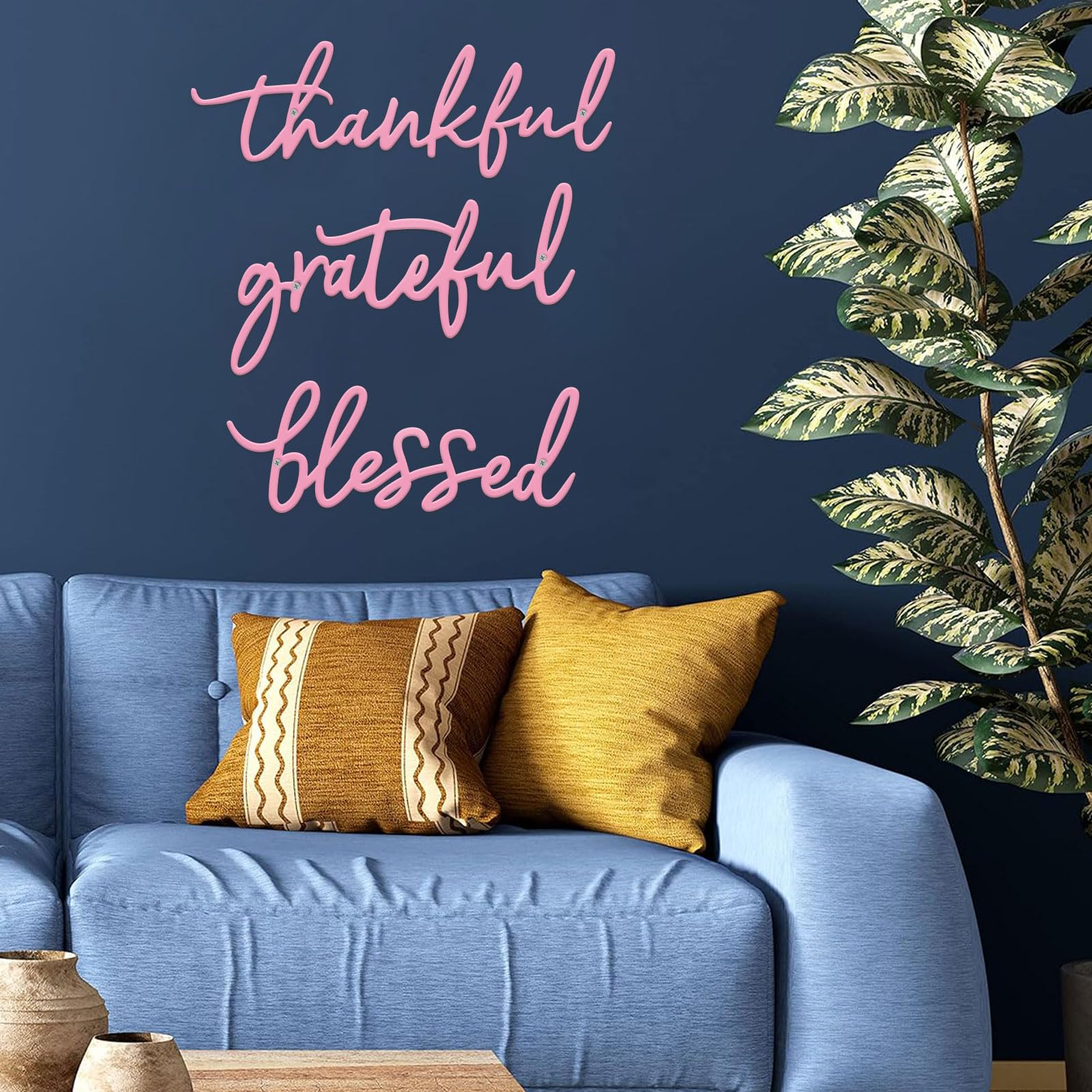 ESTART Thankful Grateful Blessed Letter Sign Metal Wall Decor, 3 Pieces Pink Letters Wall Art for Bathroom Bedroom Metal Words W