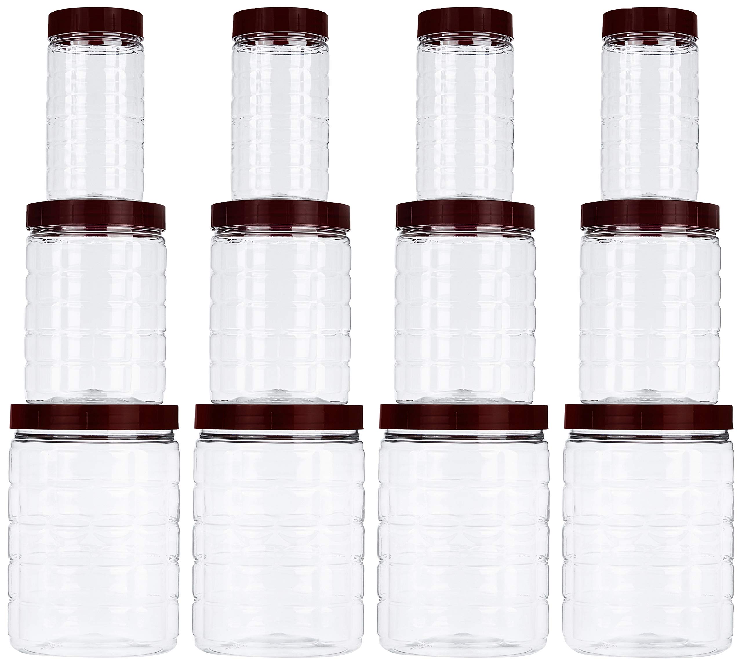 Amazon Brand - Solimo Checkered Airtight Jar Set Of 12 | Plastic | 1000 Ml, 500 Ml, 200 Ml | Transparent