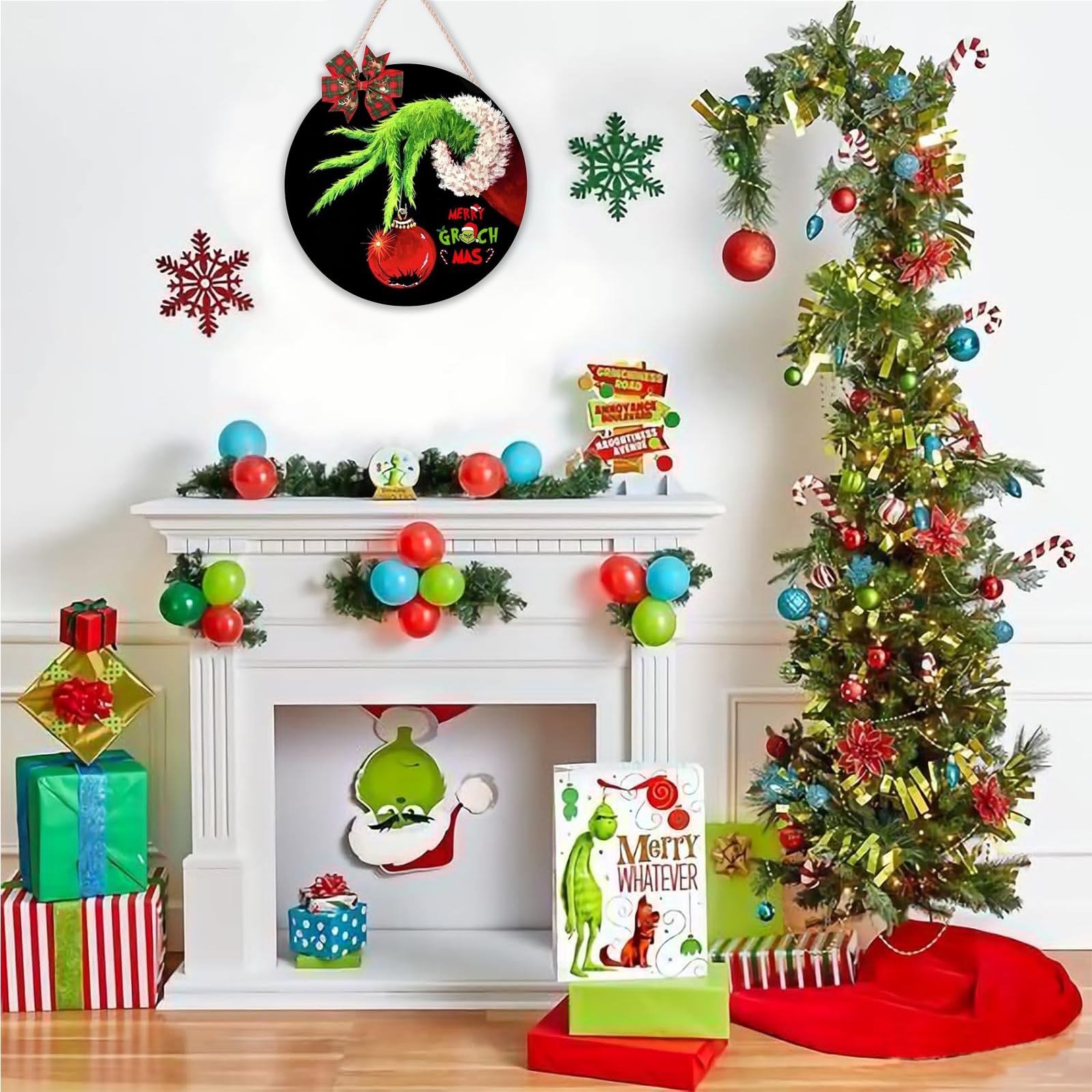 Xmas Decorations - Merry Christmas Wall Decor - Wooden Door Hanging Wreath with Bow for Indoor Party Supplies