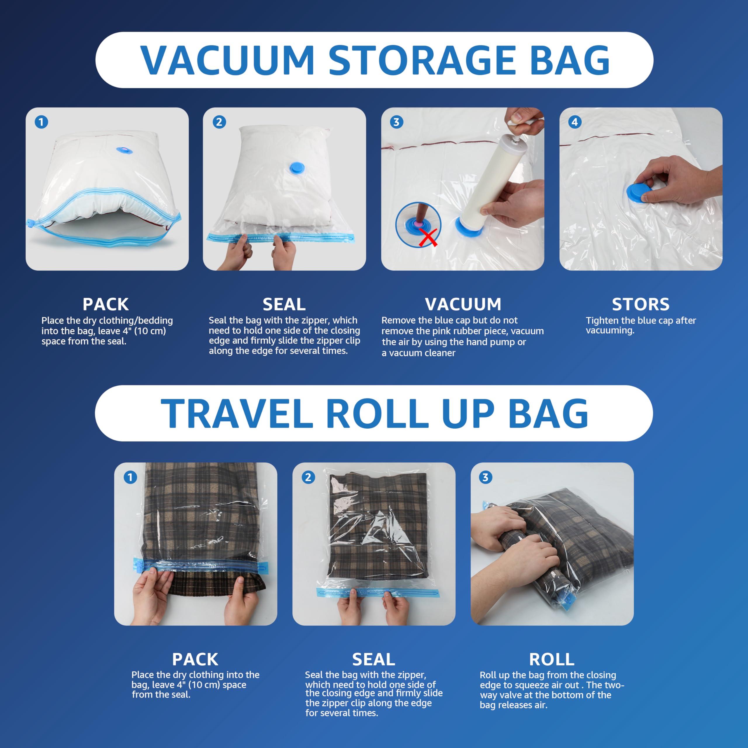 Simple Deluxe Vacuum Storage Bags 20 Pack, Space Saver Bags with Hand Pump, Vacuum Seal Bags for Clothing Travel, Comforters, Bl