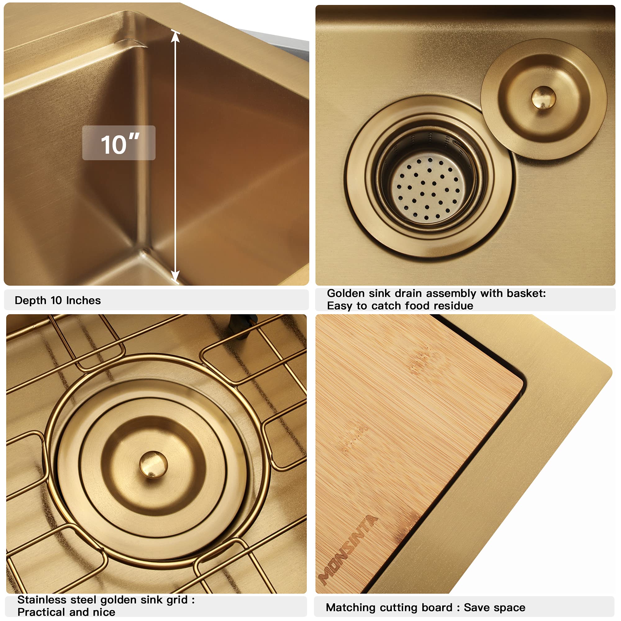 Monsinta Gold Bar Sink, Top Mount Bar Sink, 15'' X 15'' Small Single Bowl Bar Sink, Rv Sink, 16 Gauge Stainless Steel Workstatio