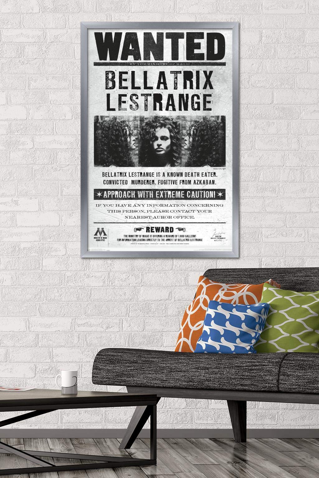 Trends International The Wizarding World: Harry Potter - Bellatrix Wanted Poster Wall Poster, 22.375'' X 34'', Silver Framed Ver