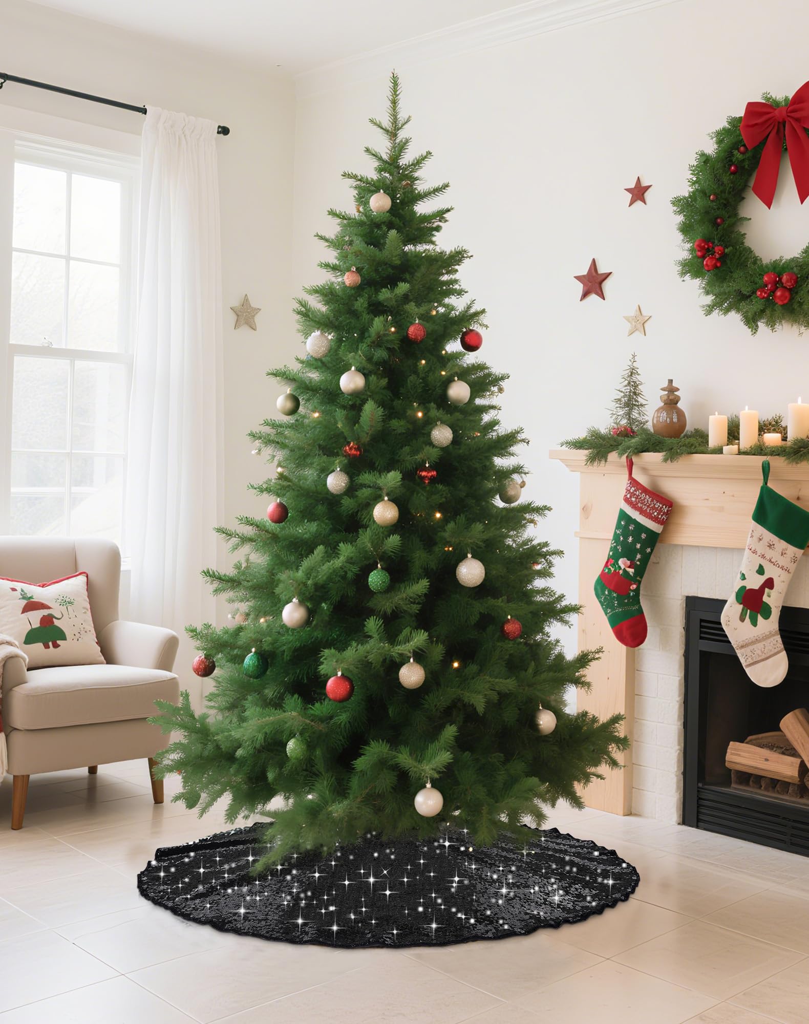 SquarePie Christmas Sequin Tree Skirt Glitter Halloween Decoration 24 Inch Black Thick Satin Backing