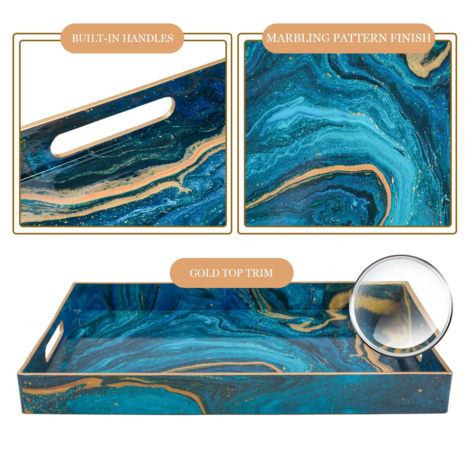 Maoname Plastic Decorative Tray, Marbling Tray With Handles, Rectangular Coffee Table Tray, Serving Tray For Ottoman, Bathroom,