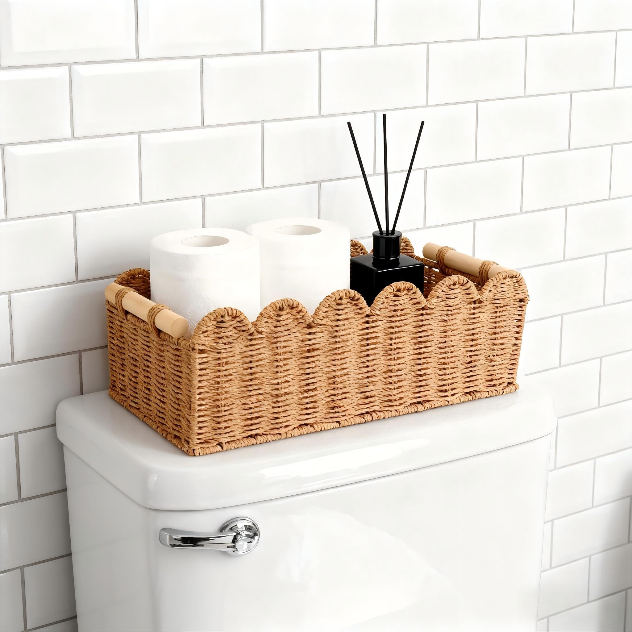 Quincry Scalloped Edge Organizer Basket for Toilet Tank Top with Wooden Handle, Wicker Storage over Above Behind Flush Tank, Han