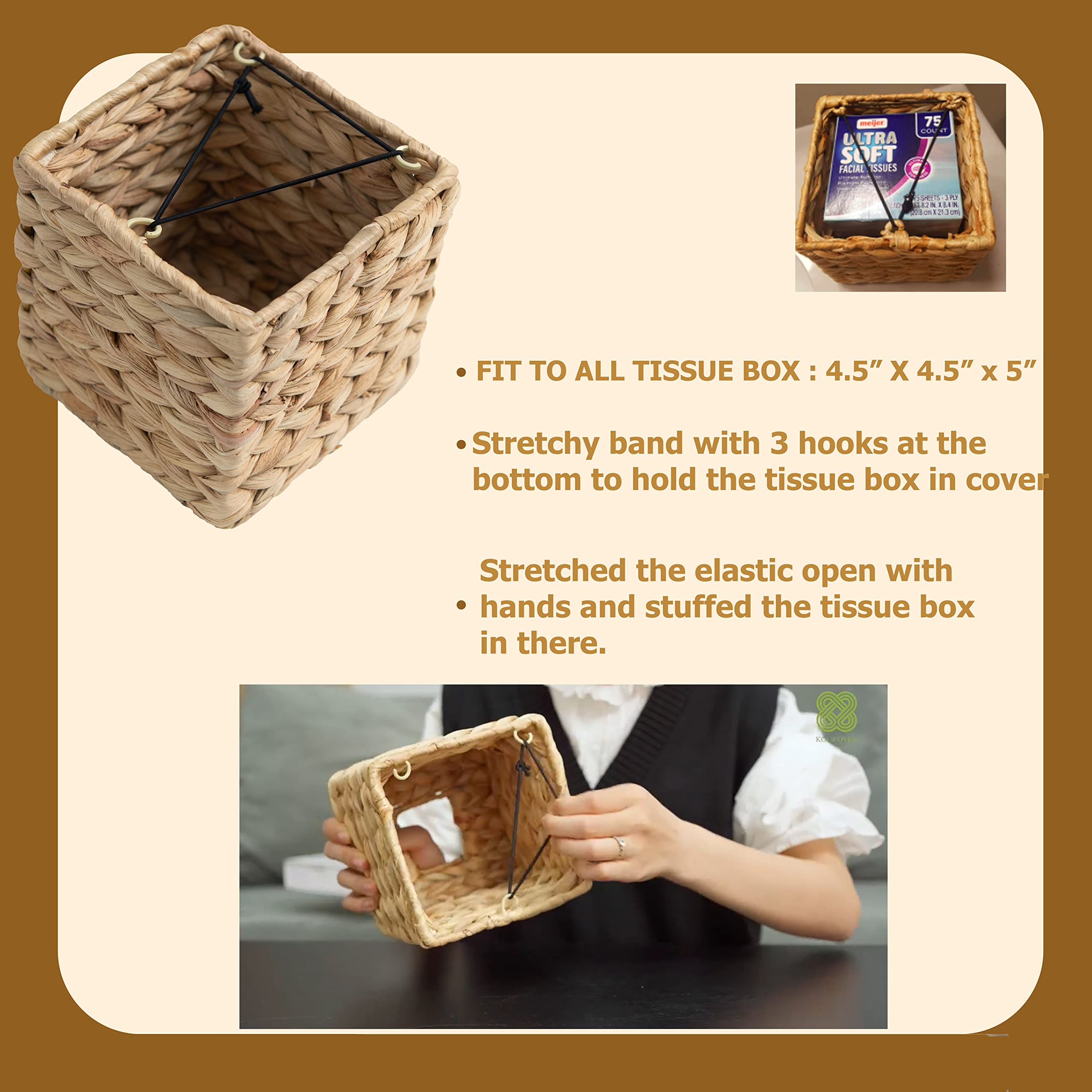 Kolwoven Square Tissue Box Cover- 5.7'' X 5.7'' X 5''- Decorative Woven Facial Tissue Holder With Hinged Top Lid- Facial Box For