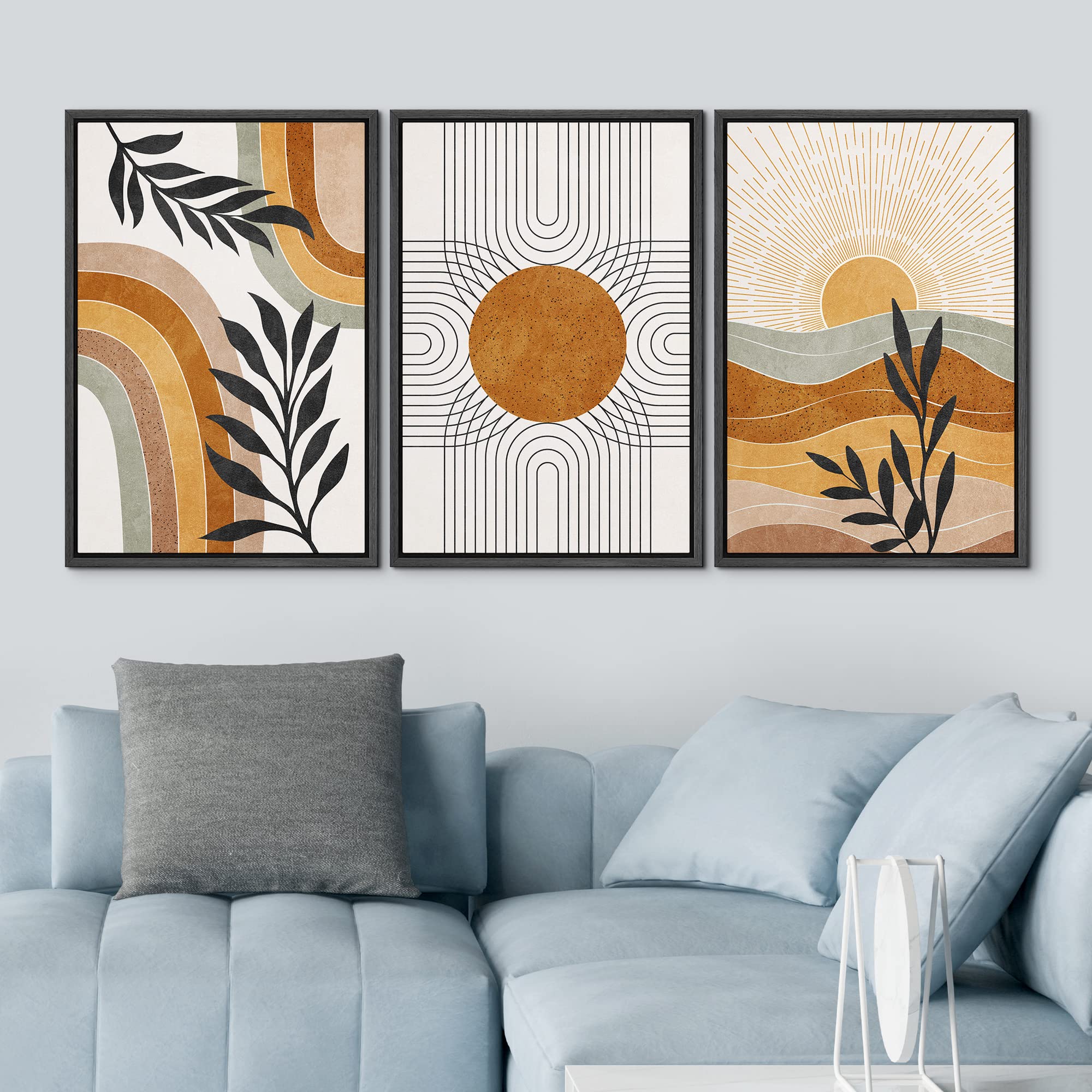 Idea4Wall Framed Canvas Print Wall Art Set Mid-Century Geometric Sun Desert Plants Abstract Nature Illustrations Modern Art Nord