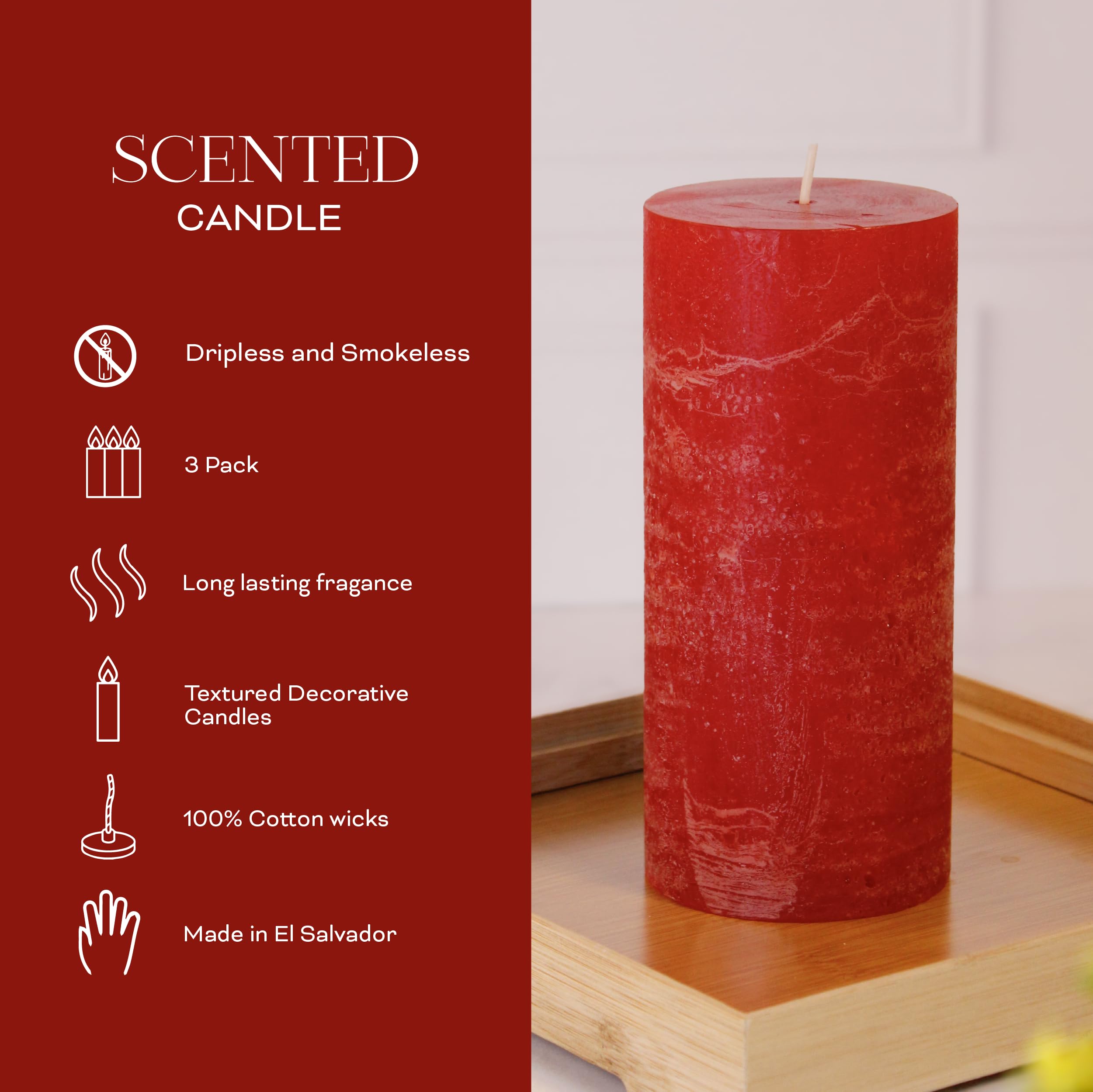 Estrella Blanca Apple Cinnamon Scented Red Pillar Candles, 3x6 Inch Set of 3, Long Lasting Fall Candles for Home Decor, Thanksgi