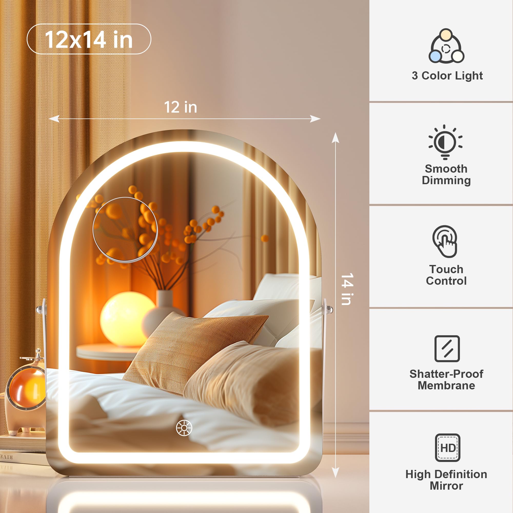 Hasipu Vanity Mirror With Lights, 12''  14'' Arched Led Makeup Mirror, Lighted Makeup Mirror With Lights, Smart Touch Control Di