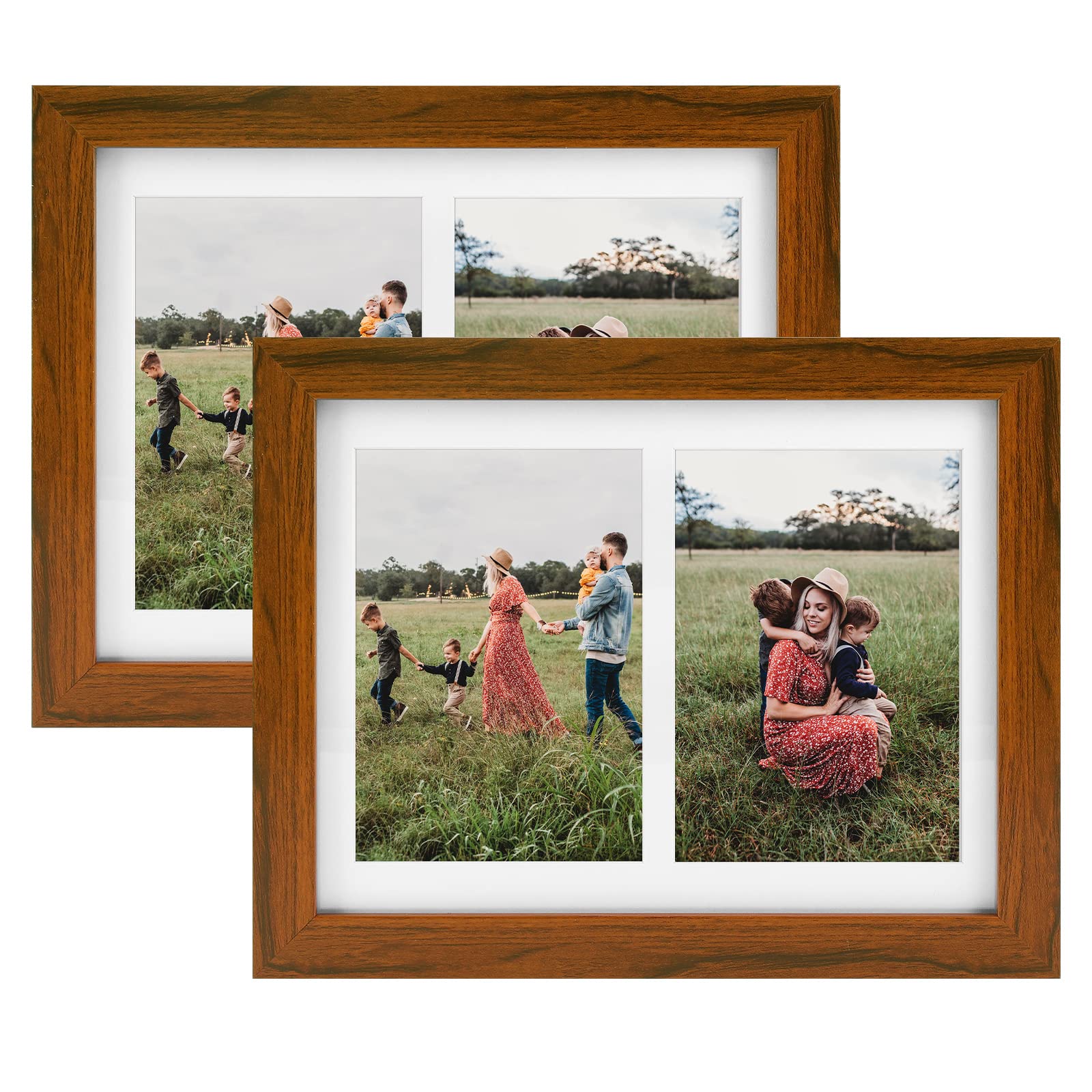 Golden State Art, Set of 2, 8.5x11 Brown Wooden Picture Frame - White Mat for 2-5x7 Photos or 8.5x11 Certificate Without Mat - R