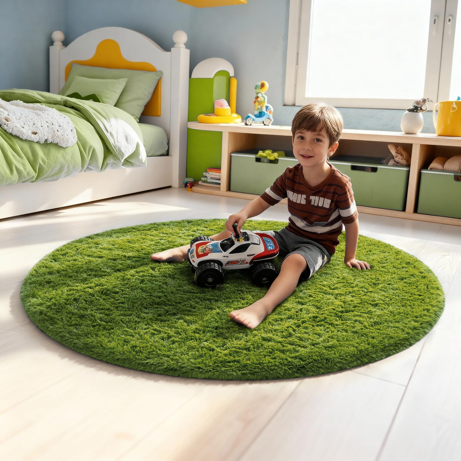 Ophanie Round Rug 4Ft Green Circle Area Rug, Green Room Decor, Fluffy Fuzzy Bedroom Carpet, Plush Soft Shaggy Living Room Rugs f